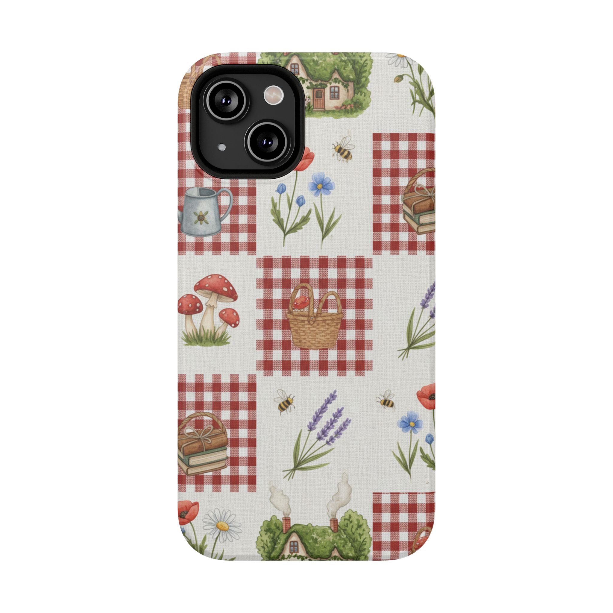 Red Gingham Check Phone Case Rustic Farmhouse Theme Watercolor Countryside Print Whimsical Floral Cell Phone Cover
