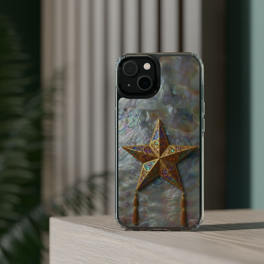 Golden Star Ornament Phone Case Mother of Pearl Background Nacre Texture Festive Celestial Decor Parol Inspired Shimmering Pearl Shell Gift