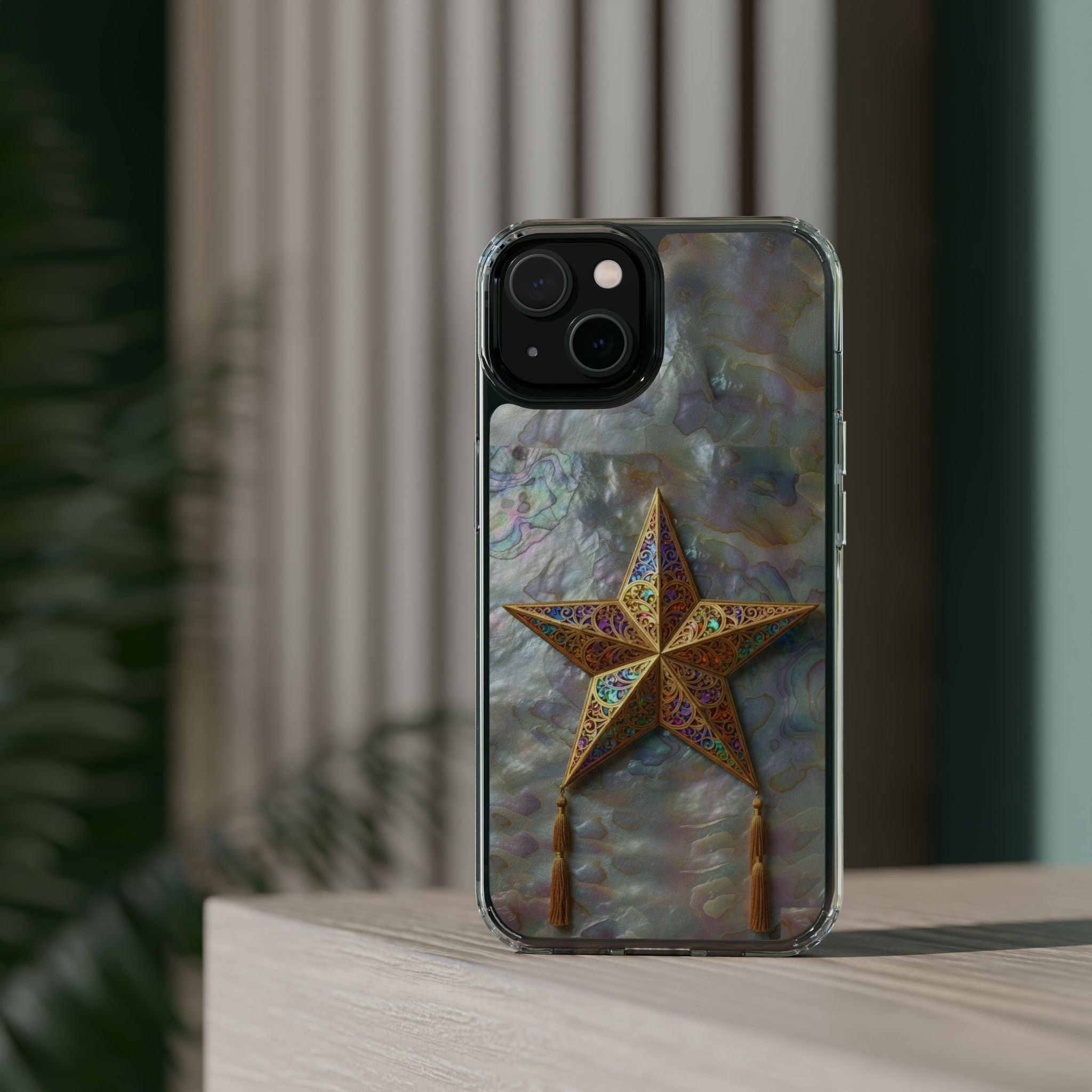 Golden Star Ornament Phone Case Mother of Pearl Background Nacre Texture Festive Celestial Decor Parol Inspired Shimmering Pearl Shell Gift