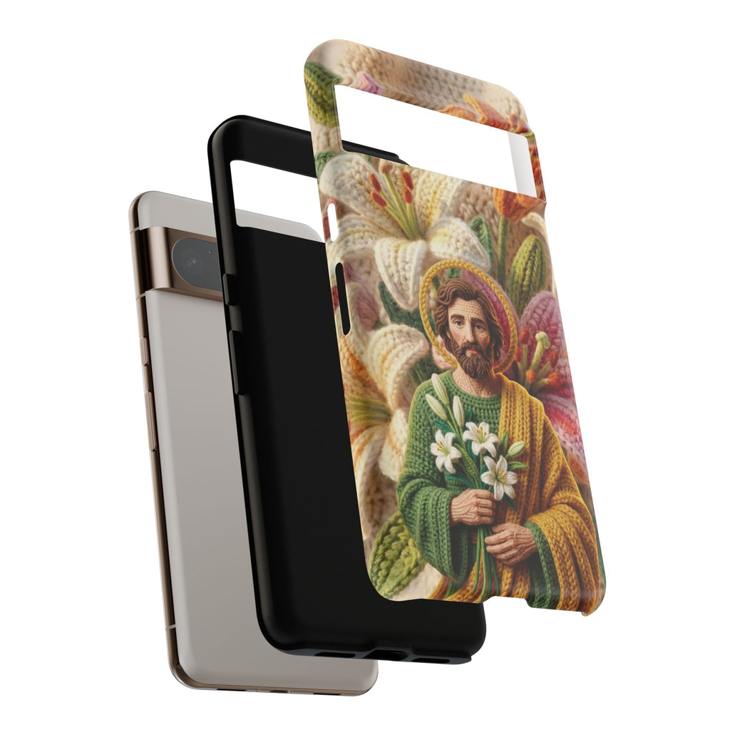 Phone Case Saint Joseph Lilies Design Holy Figure Phone Cover Faith Based Faux Yarn Saint of Workers Gift Samsung iPhone Pixel Models
