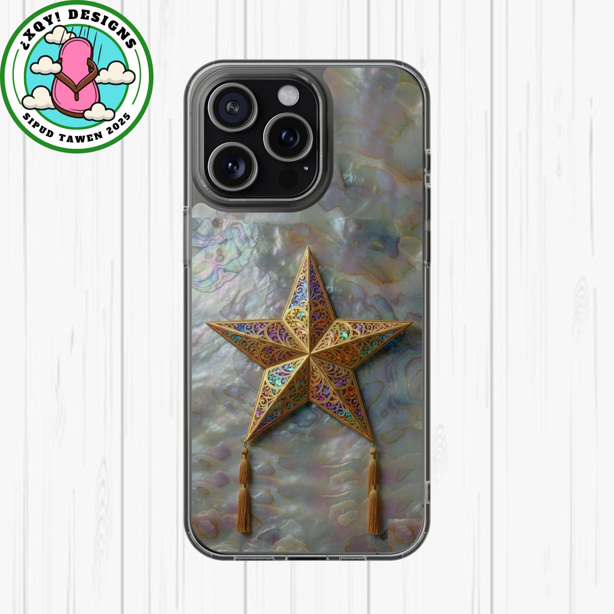 Golden Star Ornament Phone Case Mother of Pearl Background Nacre Texture Festive Celestial Decor Parol Inspired Shimmering Pearl Shell Gift