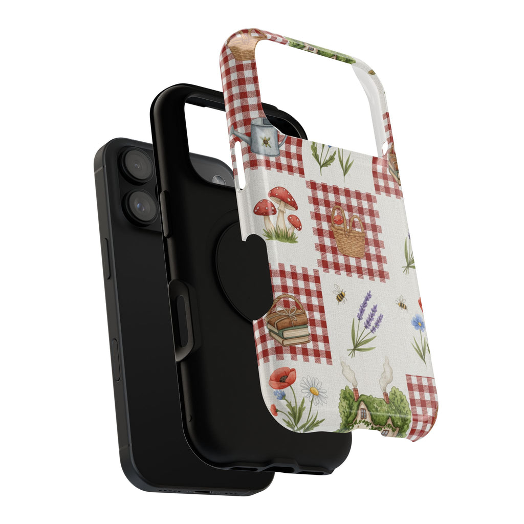 Red Gingham Check Phone Case Rustic Farmhouse Theme Watercolor Countryside Print Whimsical Floral Cell Phone Cover