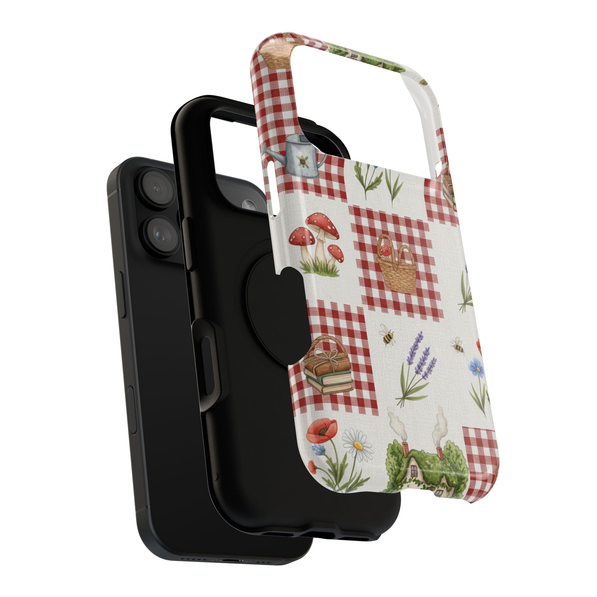 Red Gingham Check Phone Case Rustic Farmhouse Theme Watercolor Countryside Print Whimsical Floral Cell Phone Cover