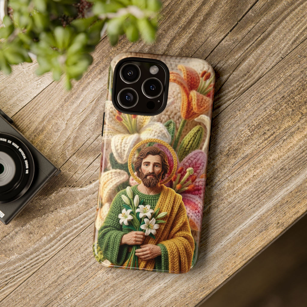 Phone Case Saint Joseph Lilies Design Holy Figure Phone Cover Faith Based Faux Yarn Saint of Workers Gift Samsung iPhone Pixel Models