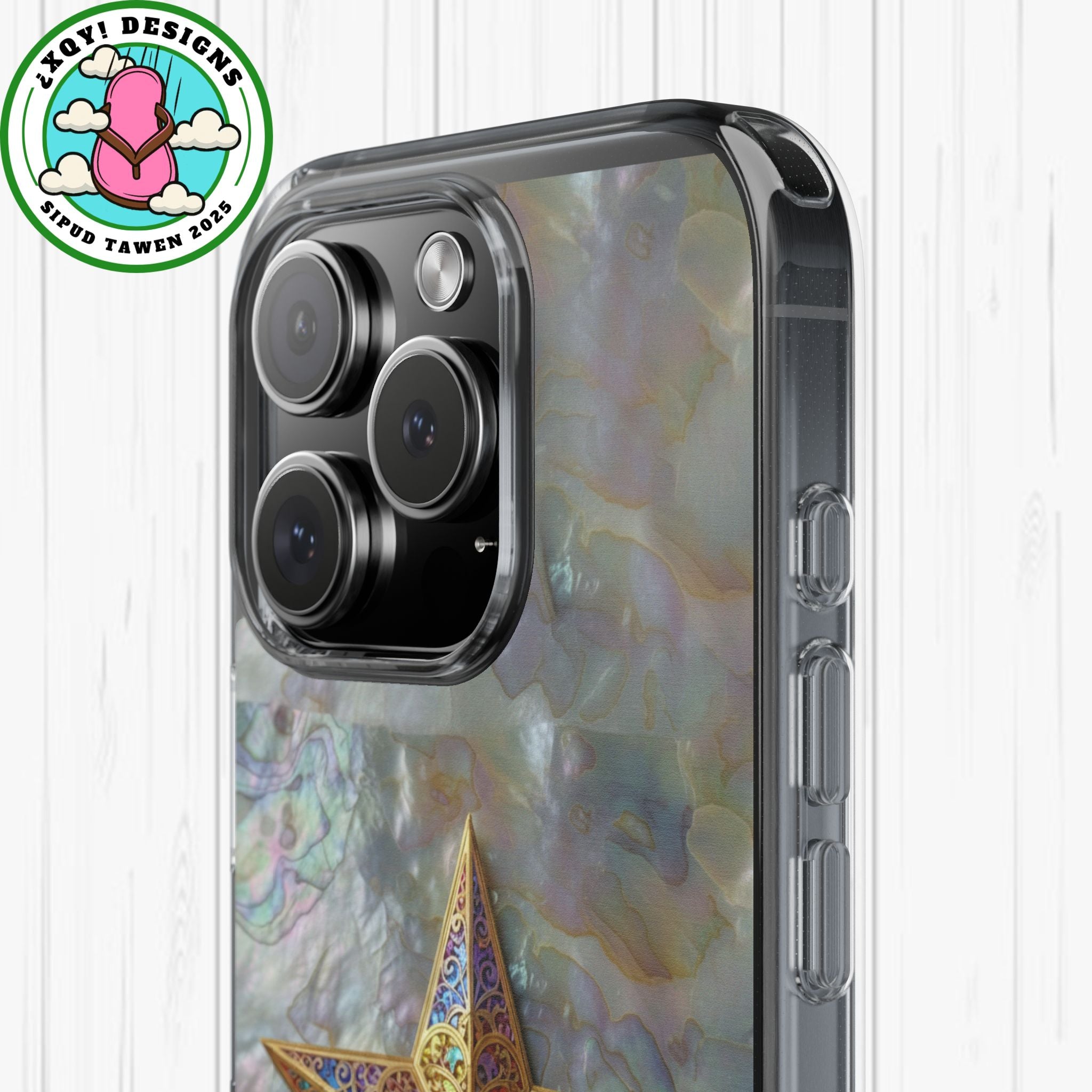 Golden Star Ornament Phone Case Mother of Pearl Background Nacre Texture Festive Celestial Decor Parol Inspired Shimmering Pearl Shell Gift