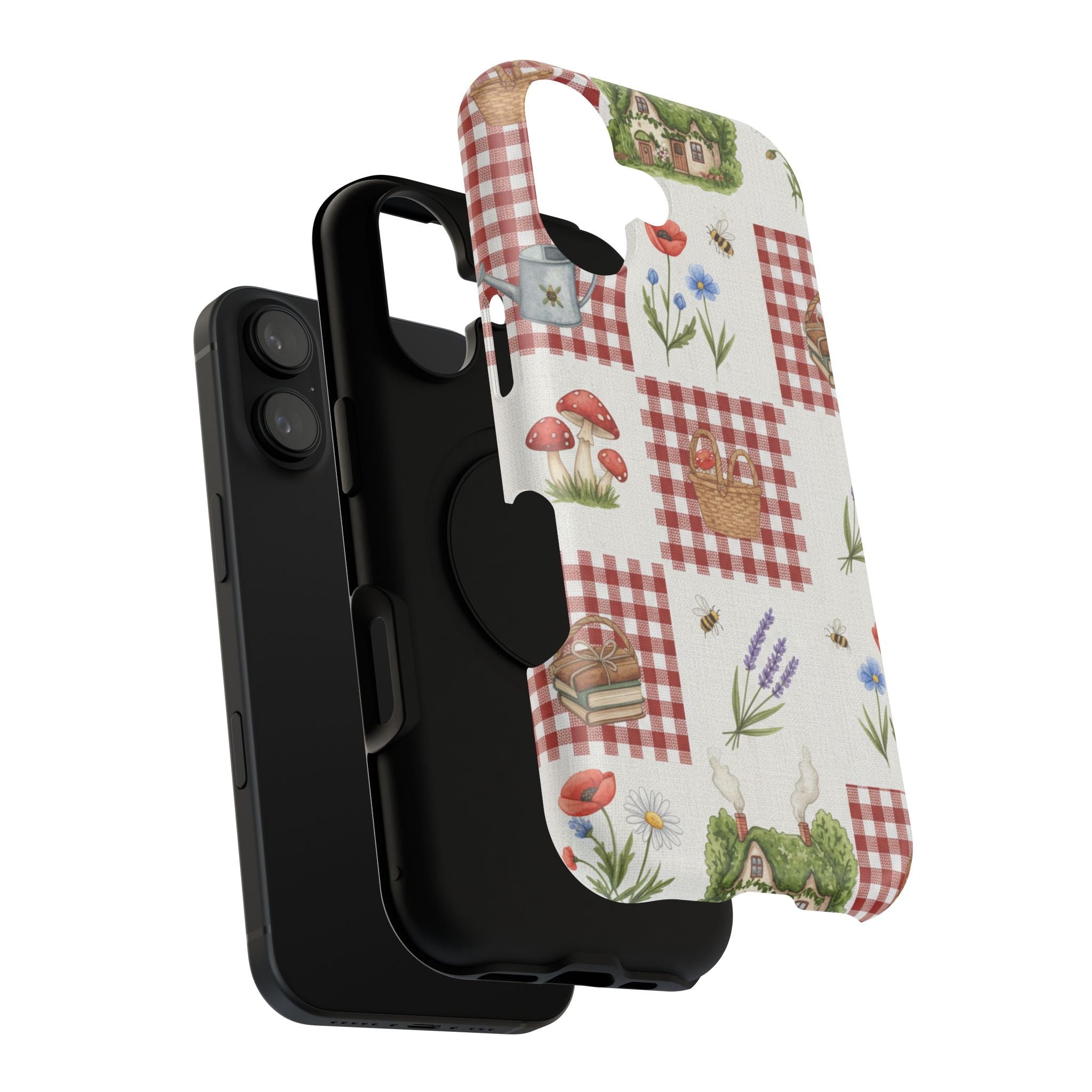 Red Gingham Check Phone Case Rustic Farmhouse Theme Watercolor Countryside Print Whimsical Floral Cell Phone Cover
