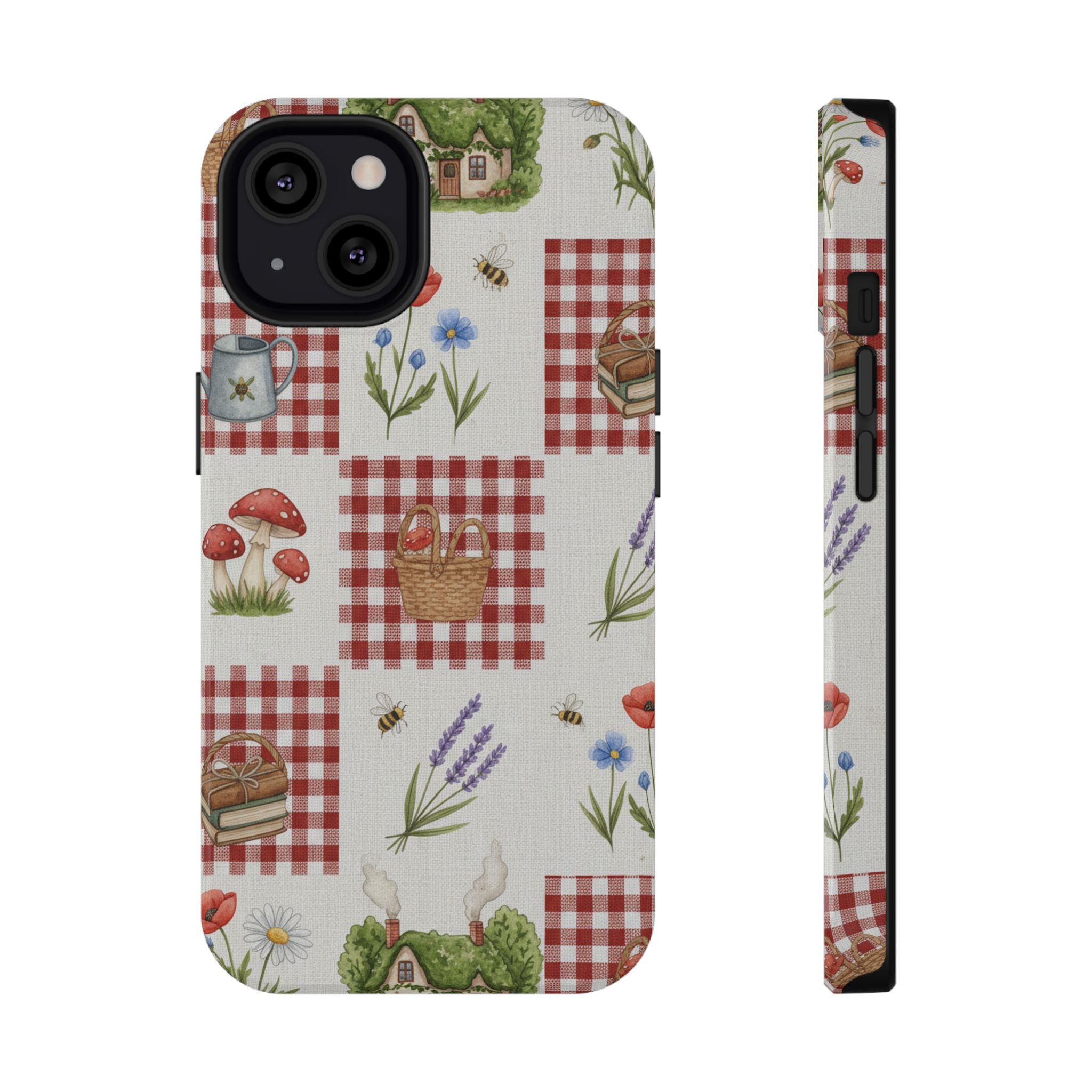 Red Gingham Check Phone Case Rustic Farmhouse Theme Watercolor Countryside Print Whimsical Floral Cell Phone Cover