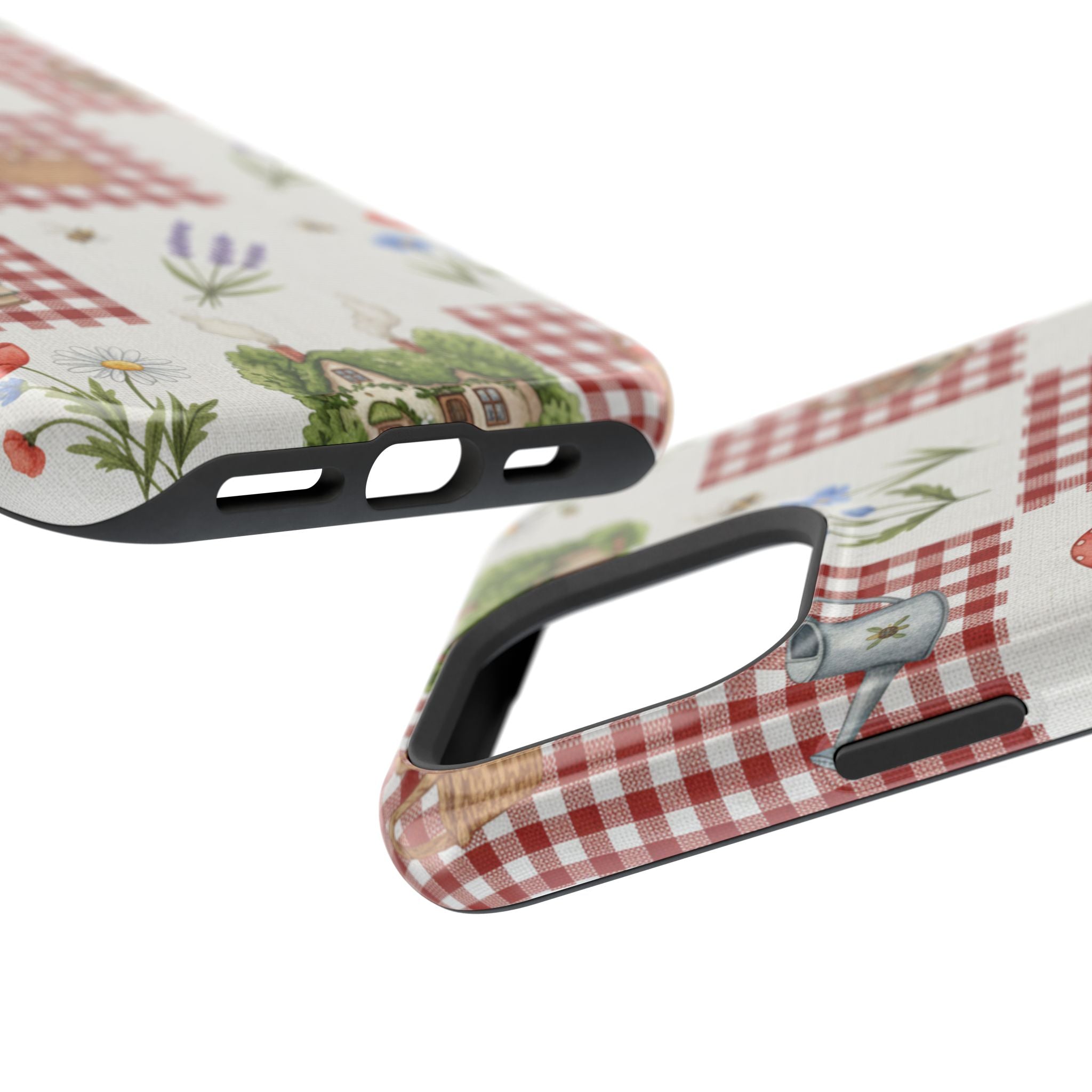 Red Gingham Check Phone Case Rustic Farmhouse Theme Watercolor Countryside Print Whimsical Floral Cell Phone Cover