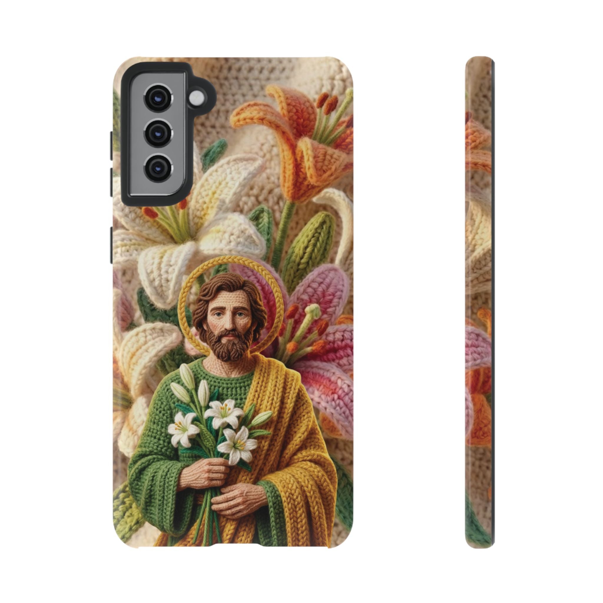 Phone Case Saint Joseph Lilies Design Holy Figure Phone Cover Faith Based Faux Yarn Saint of Workers Gift Samsung iPhone Pixel Models
