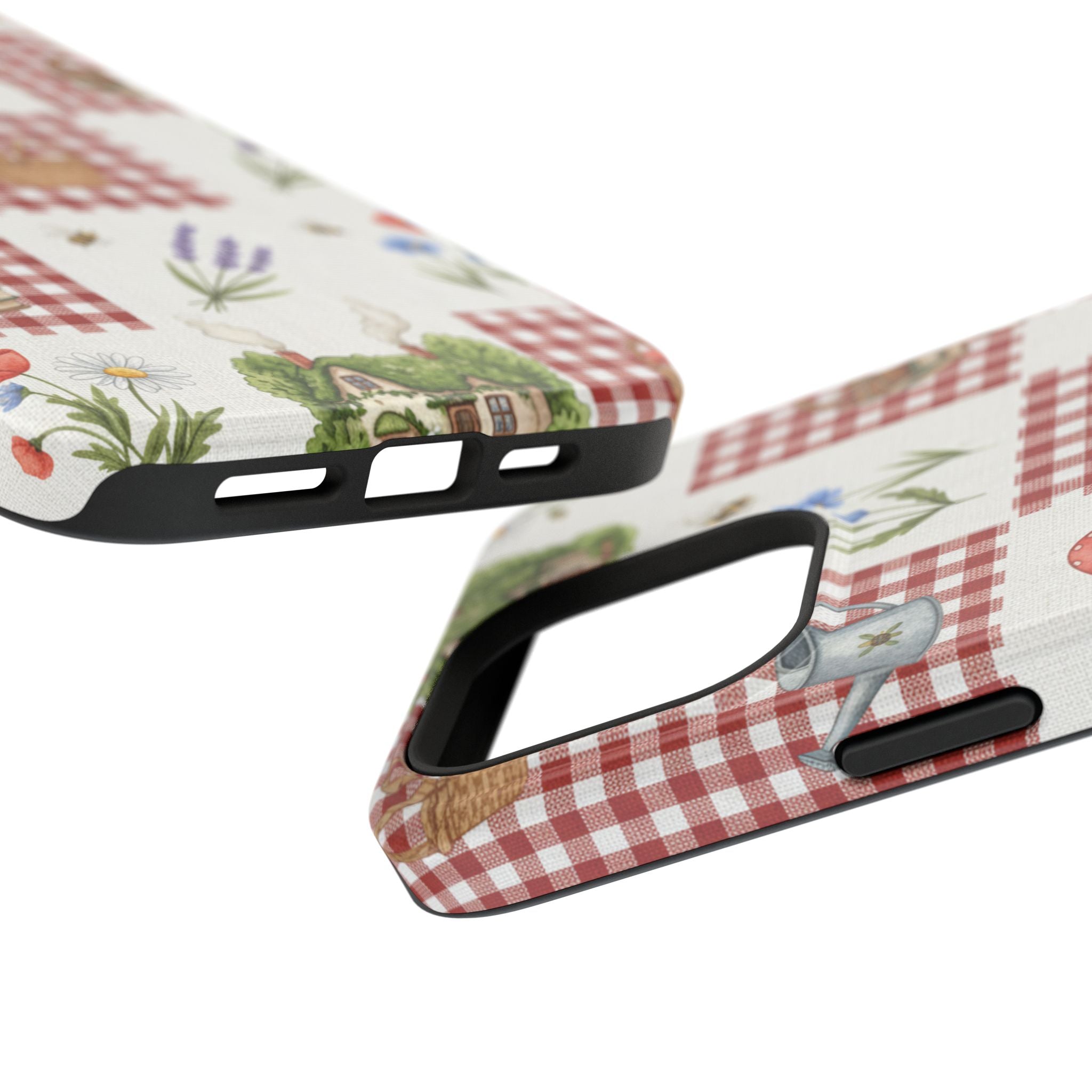 Red Gingham Check Phone Case Rustic Farmhouse Theme Watercolor Countryside Print Whimsical Floral Cell Phone Cover