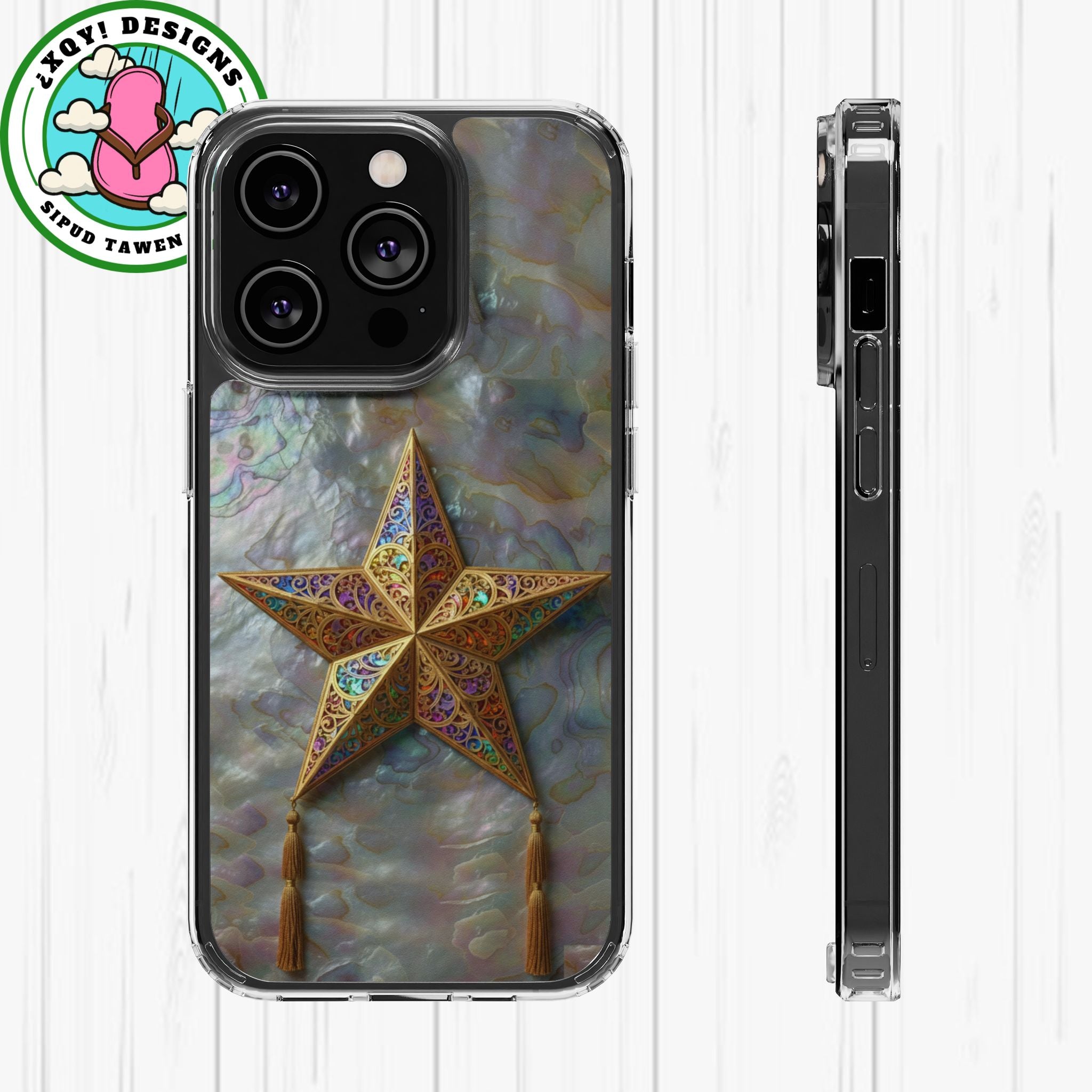 Golden Star Ornament Phone Case Mother of Pearl Background Nacre Texture Festive Celestial Decor Parol Inspired Shimmering Pearl Shell Gift