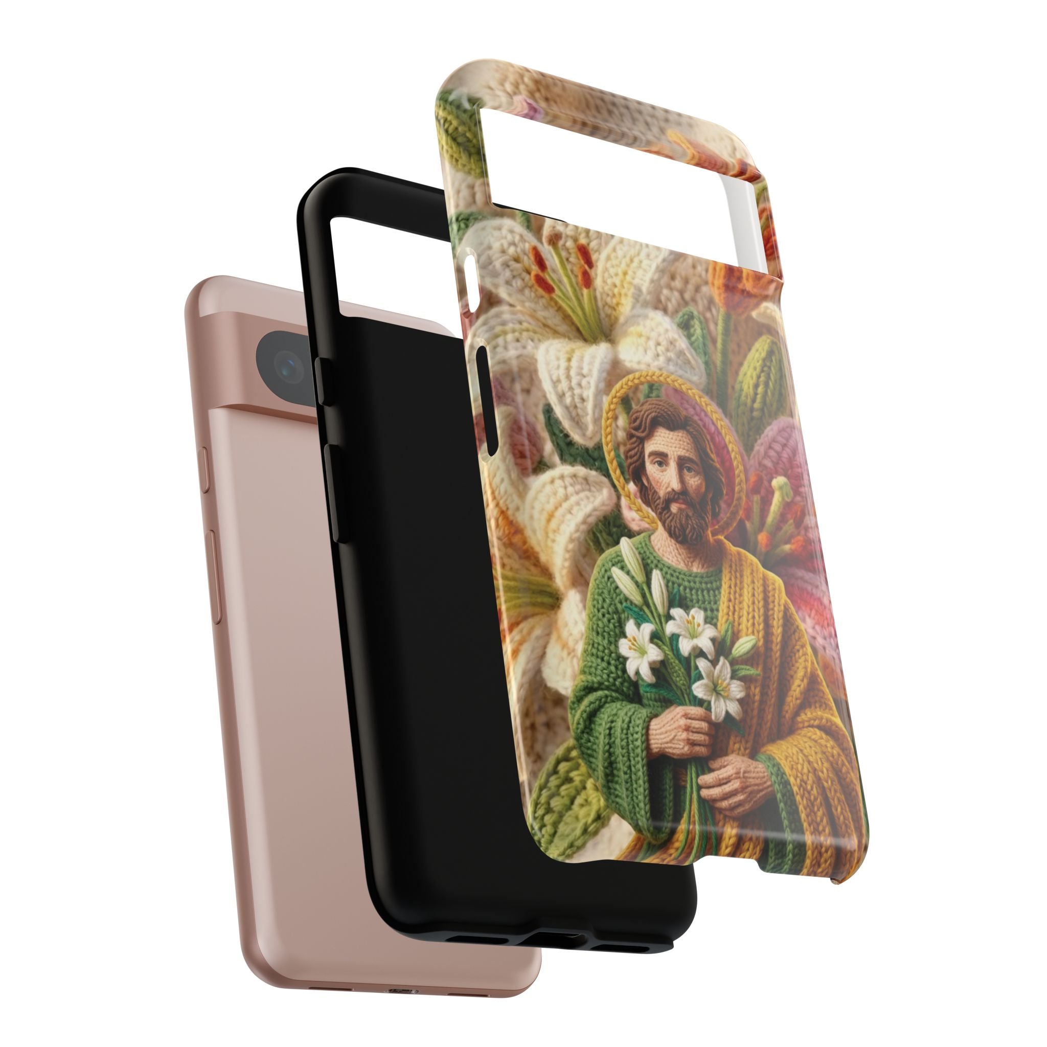 Phone Case Saint Joseph Lilies Design Holy Figure Phone Cover Faith Based Faux Yarn Saint of Workers Gift Samsung iPhone Pixel Models