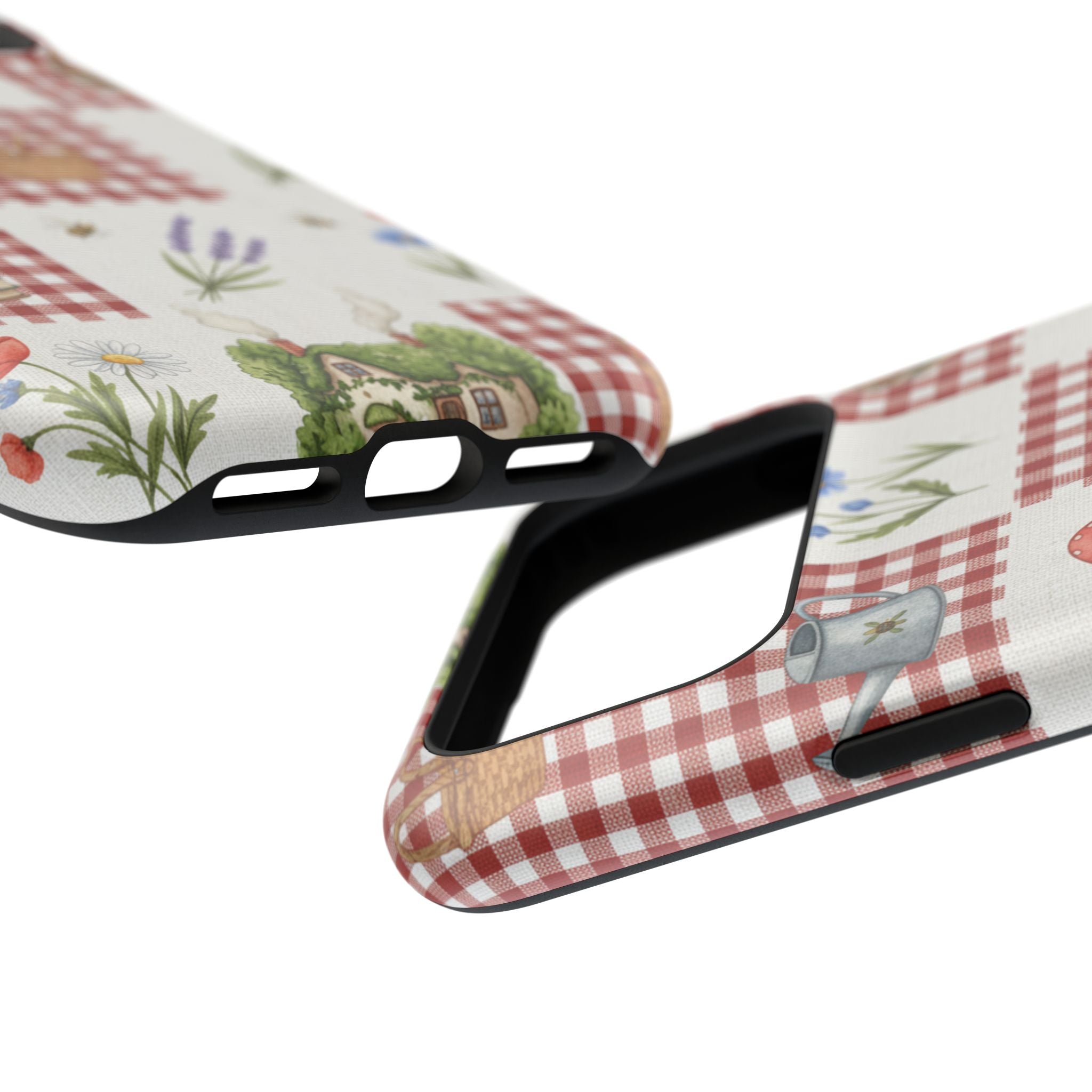 Red Gingham Check Phone Case Rustic Farmhouse Theme Watercolor Countryside Print Whimsical Floral Cell Phone Cover