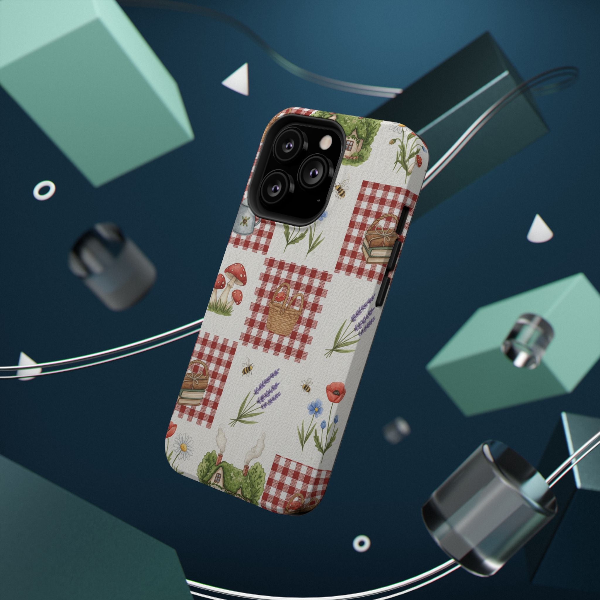 Red Gingham Check Phone Case Rustic Farmhouse Theme Watercolor Countryside Print Whimsical Floral Cell Phone Cover