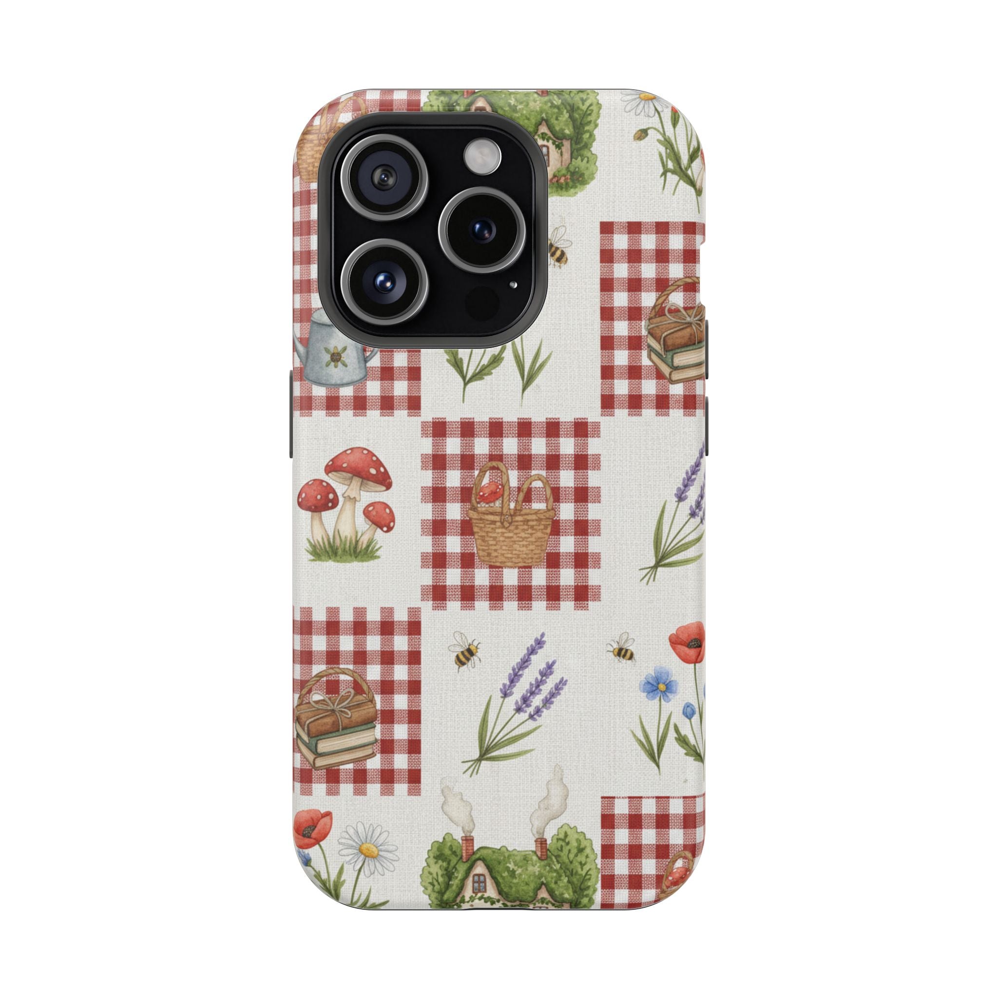 Red Gingham Check Phone Case Rustic Farmhouse Theme Watercolor Countryside Print Whimsical Floral Cell Phone Cover