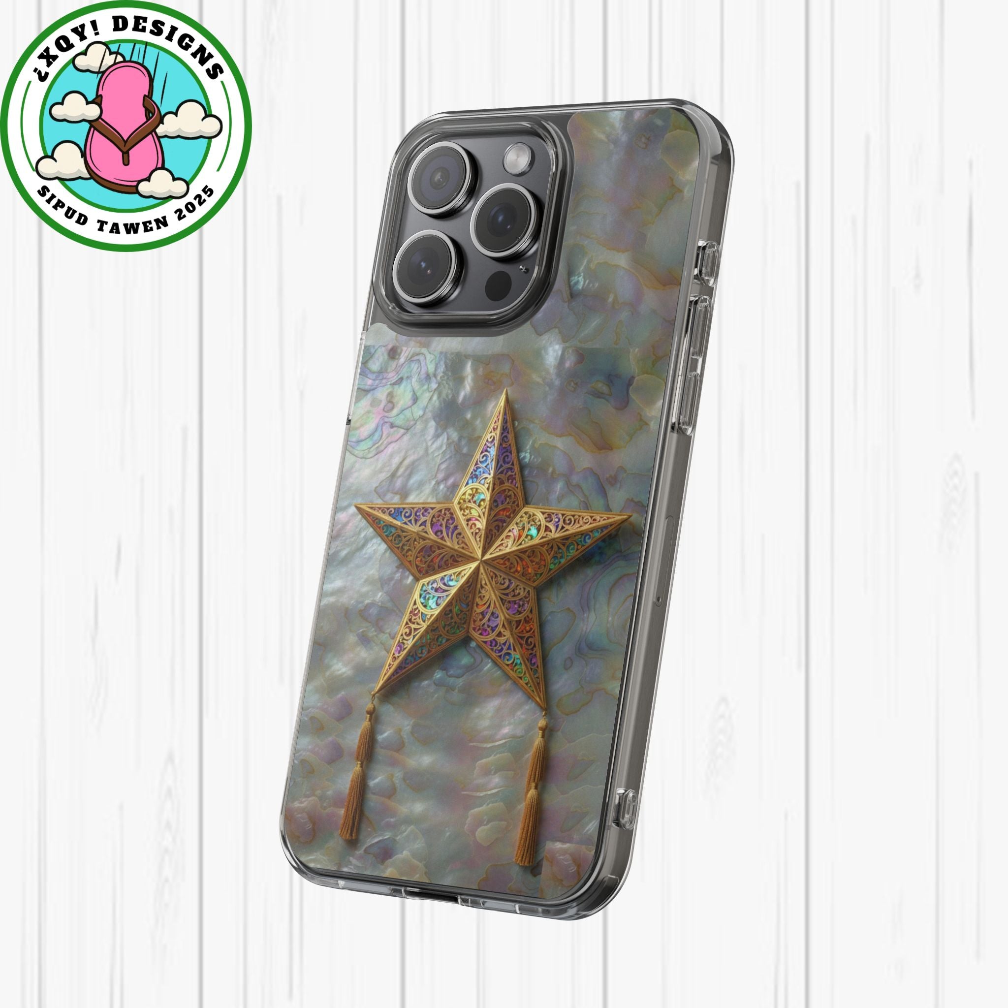 Golden Star Ornament Phone Case Mother of Pearl Background Nacre Texture Festive Celestial Decor Parol Inspired Shimmering Pearl Shell Gift