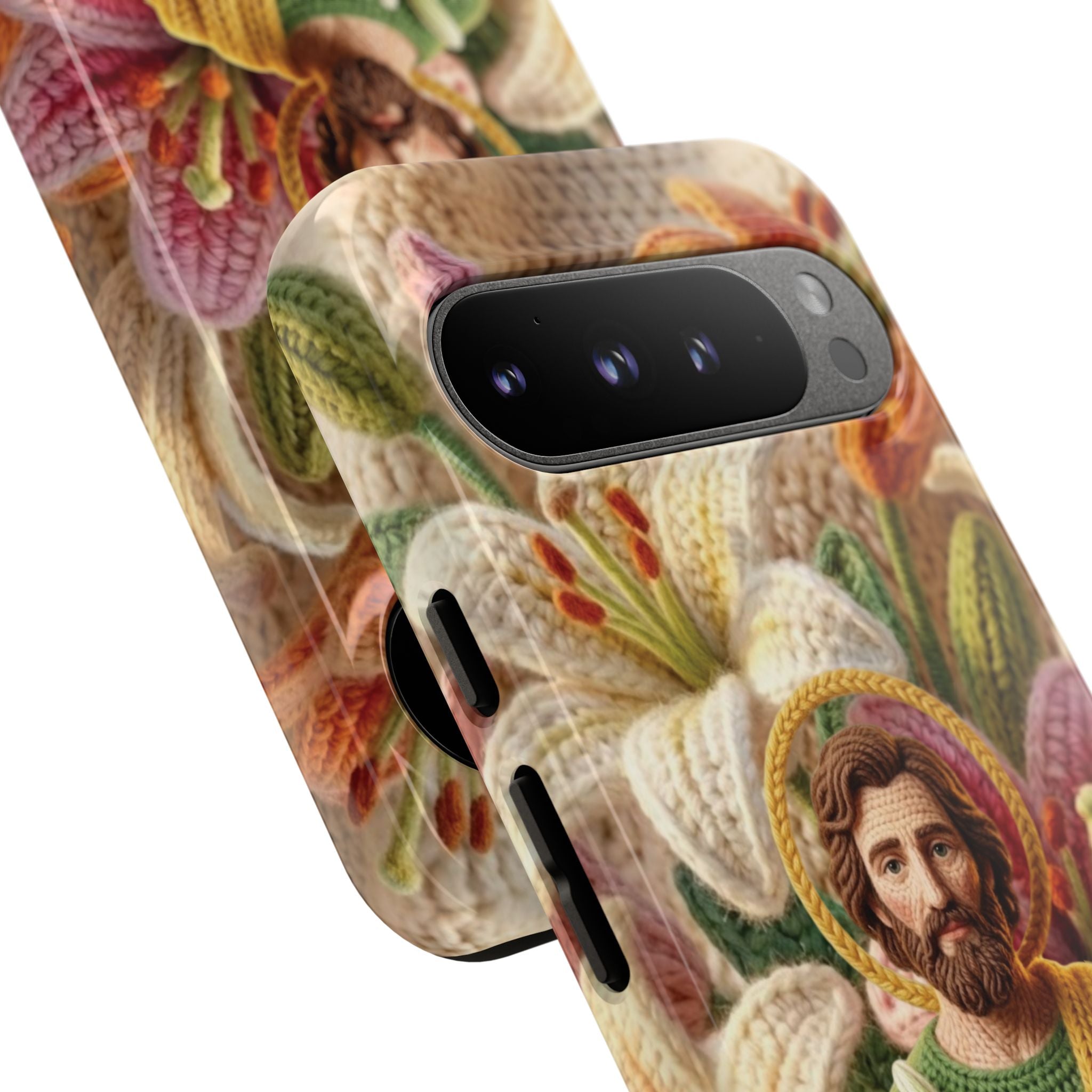 Phone Case Saint Joseph Lilies Design Holy Figure Phone Cover Faith Based Faux Yarn Saint of Workers Gift Samsung iPhone Pixel Models