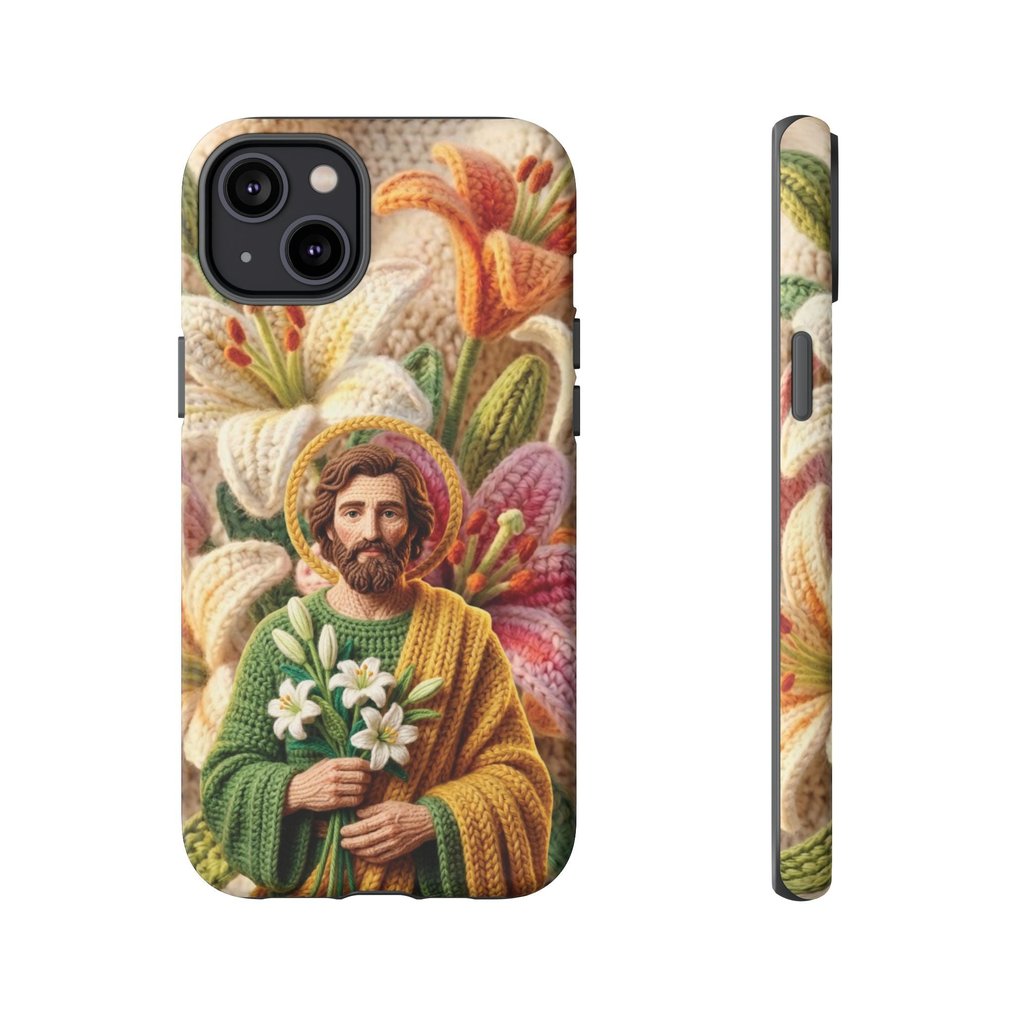 Phone Case Saint Joseph Lilies Design Holy Figure Phone Cover Faith Based Faux Yarn Saint of Workers Gift Samsung iPhone Pixel Models