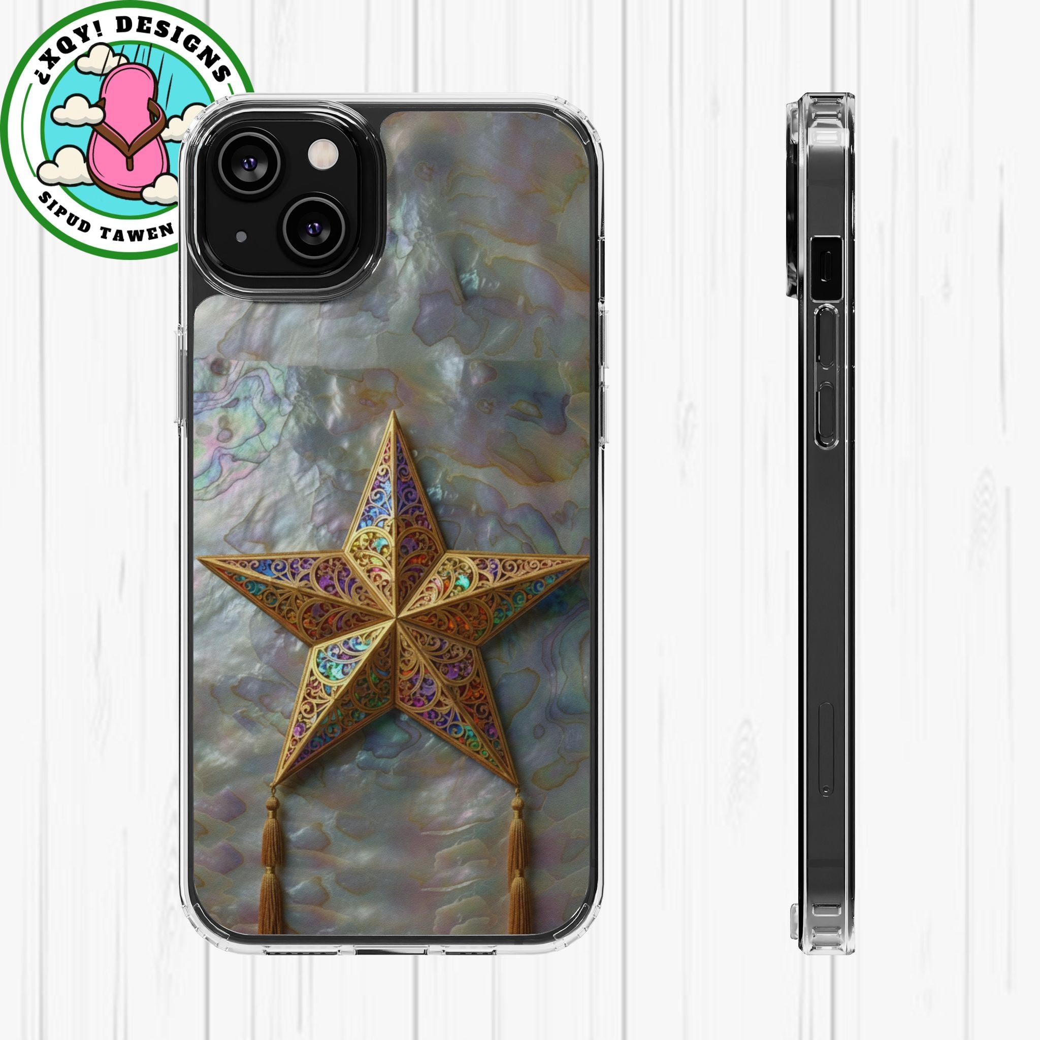 Golden Star Ornament Phone Case Mother of Pearl Background Nacre Texture Festive Celestial Decor Parol Inspired Shimmering Pearl Shell Gift