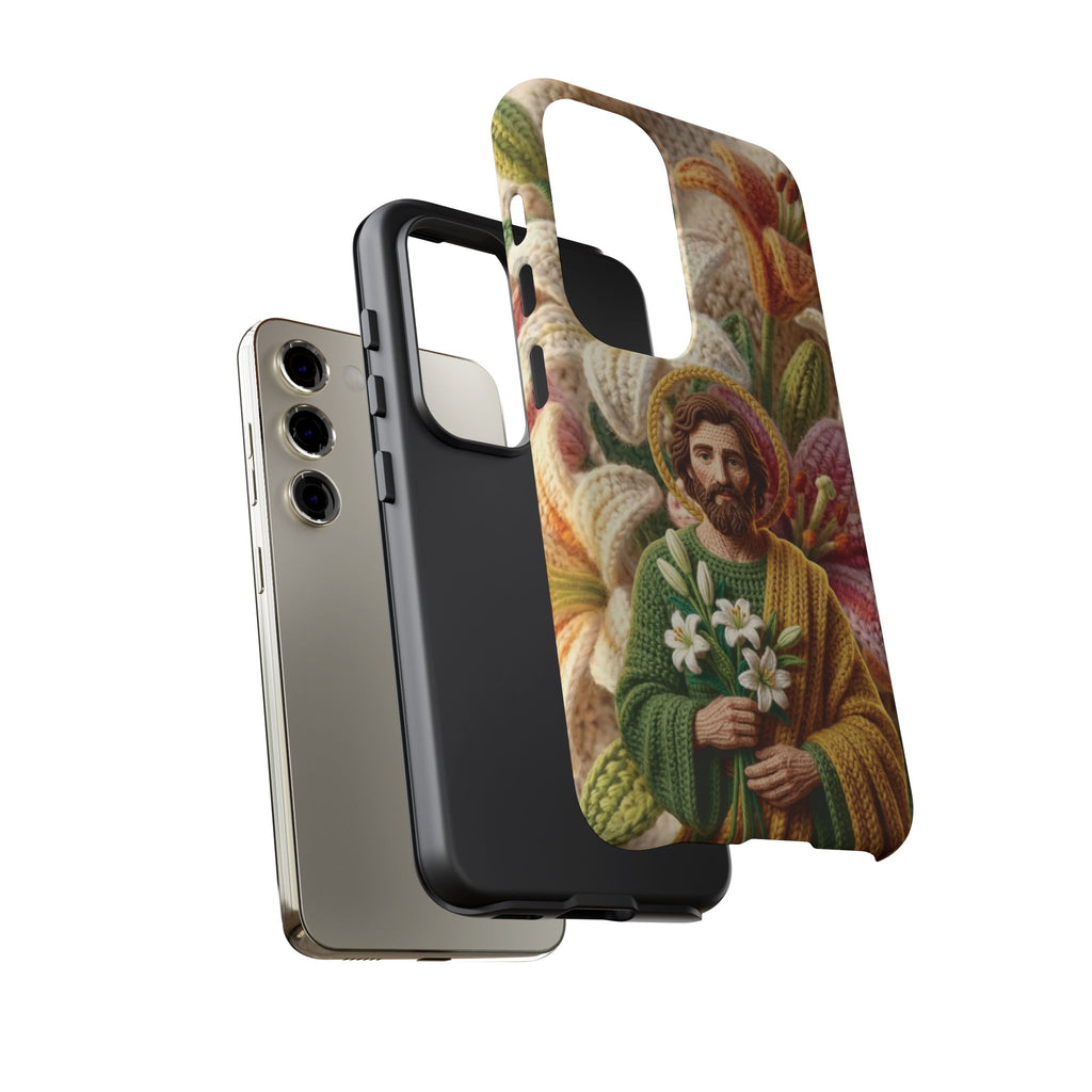 Phone Case Saint Joseph Lilies Design Holy Figure Phone Cover Faith Based Faux Yarn Saint of Workers Gift Samsung iPhone Pixel Models