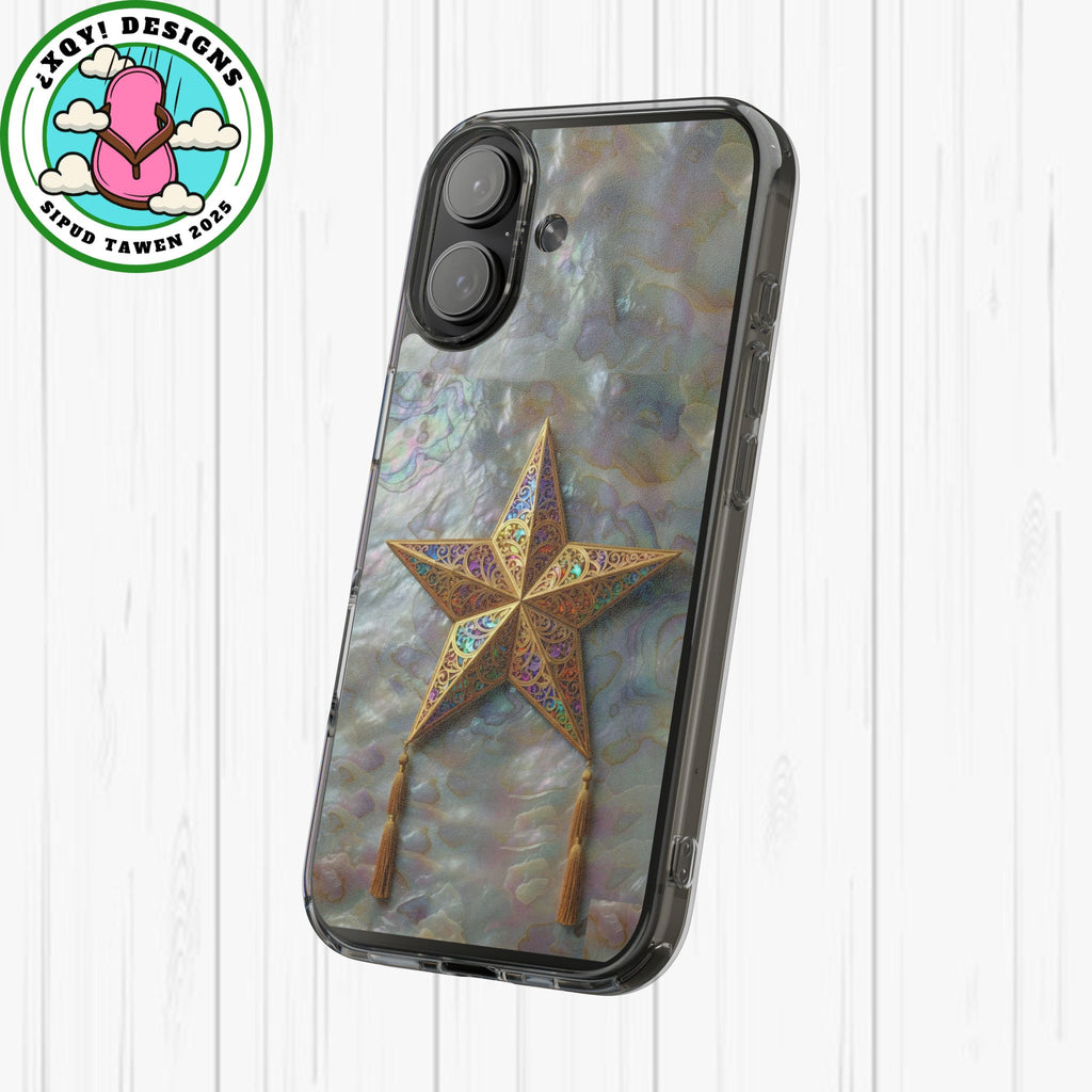 Golden Star Ornament Phone Case Mother of Pearl Background Nacre Texture Festive Celestial Decor Parol Inspired Shimmering Pearl Shell Gift