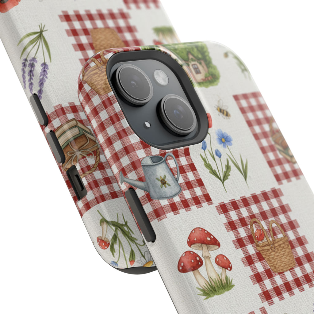 Red Gingham Check Phone Case Rustic Farmhouse Theme Watercolor Countryside Print Whimsical Floral Cell Phone Cover