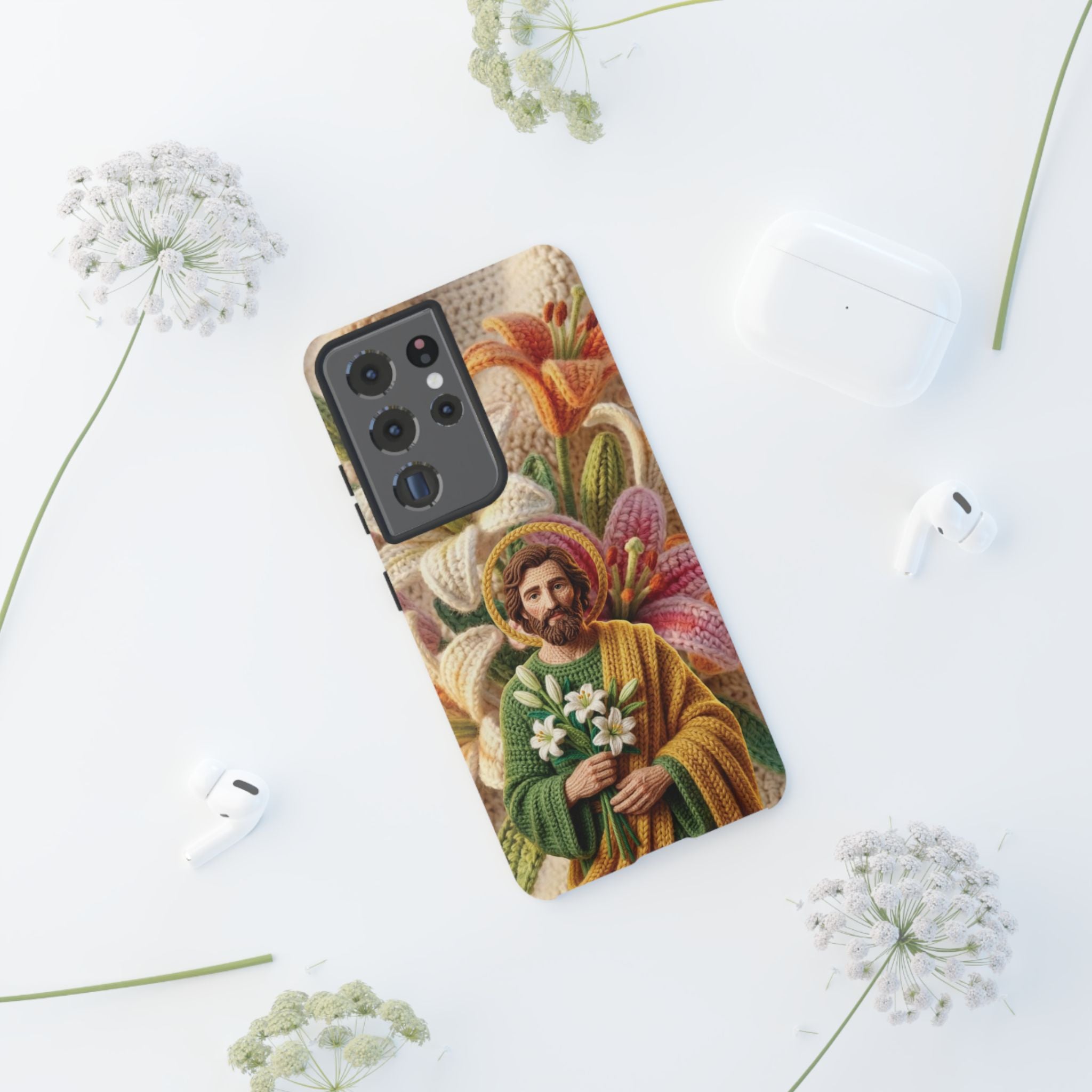 Phone Case Saint Joseph Lilies Design Holy Figure Phone Cover Faith Based Faux Yarn Saint of Workers Gift Samsung iPhone Pixel Models