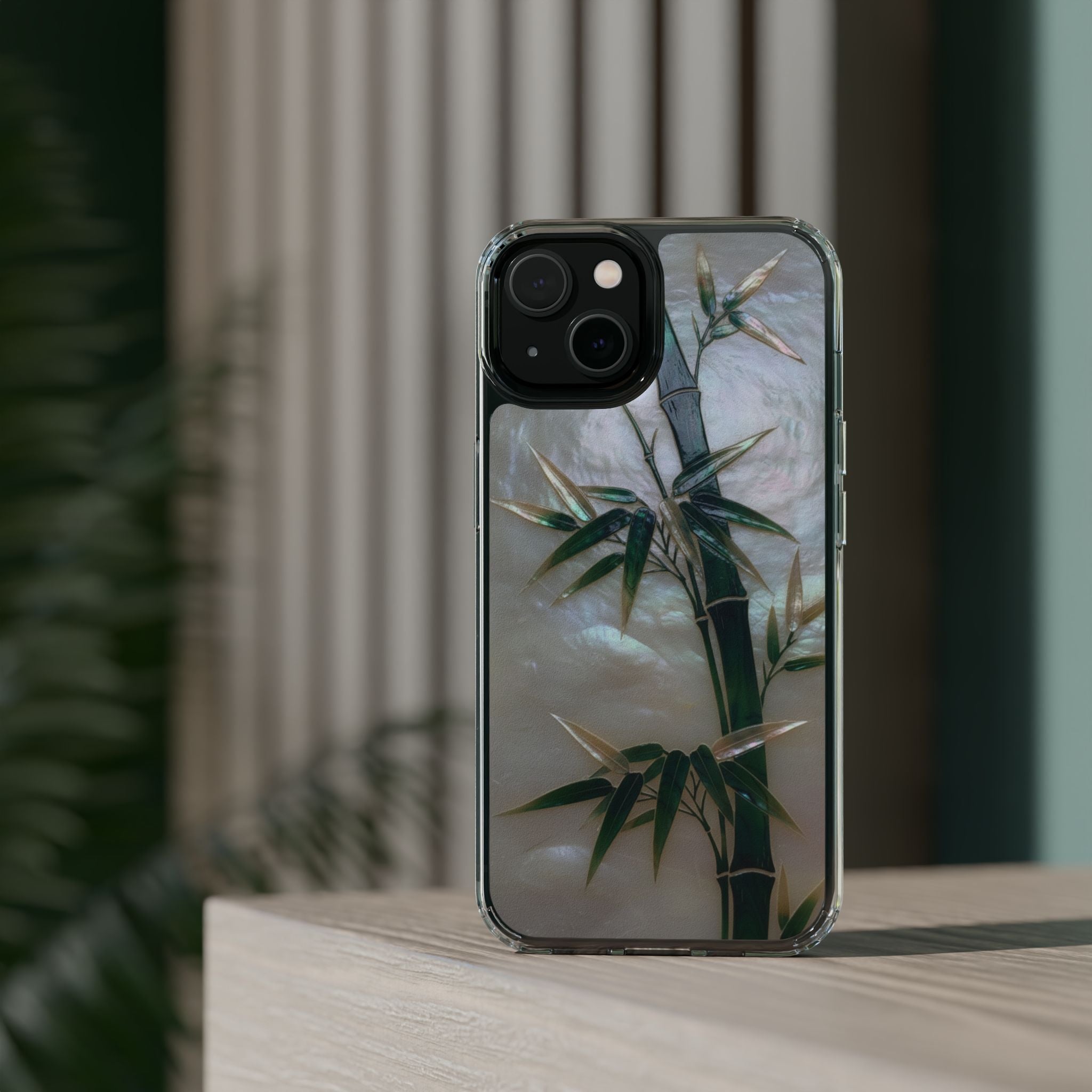 Mother of Pearl Inlay Bamboo Phone Case Nacre Art Green Bamboo Decor Handmade Pearl Shell Unique Iridescent Cover Natural Gift Idea