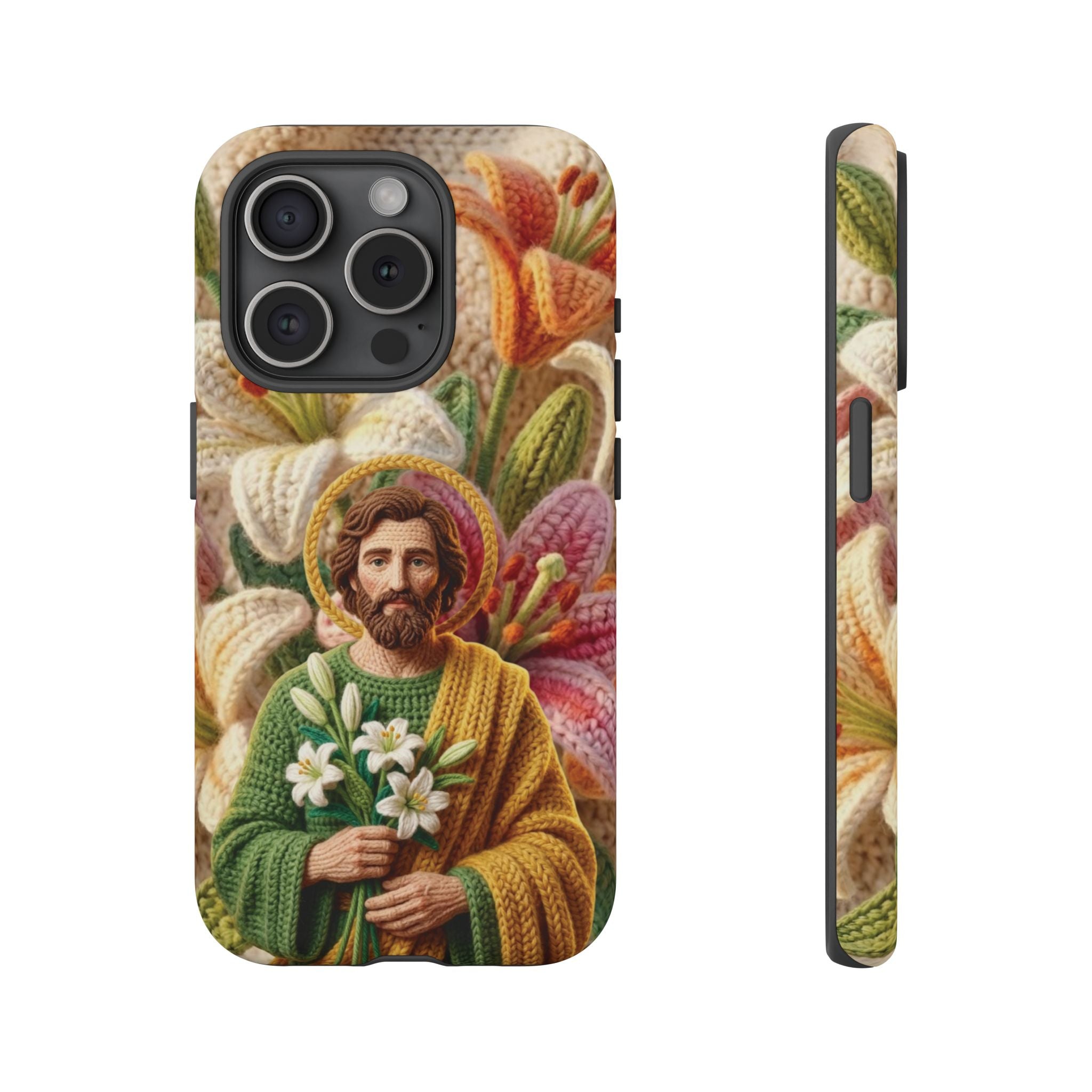 Phone Case Saint Joseph Lilies Design Holy Figure Phone Cover Faith Based Faux Yarn Saint of Workers Gift Samsung iPhone Pixel Models