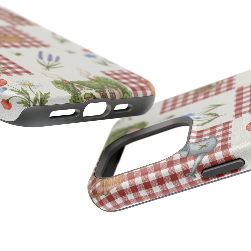 Red Gingham Check Phone Case Rustic Farmhouse Theme Watercolor Countryside Print Whimsical Floral Cell Phone Cover