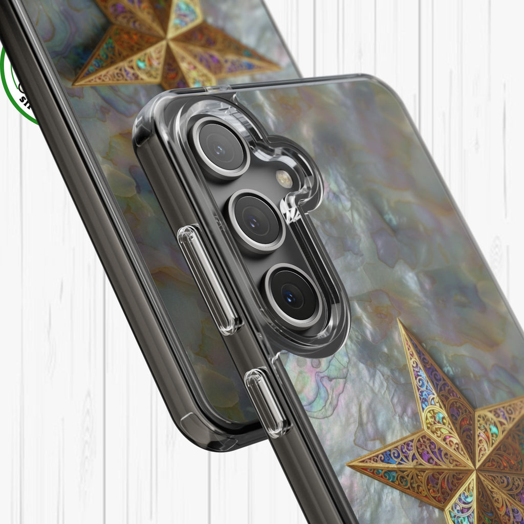 Golden Star Ornament Phone Case Mother of Pearl Background Nacre Texture Festive Celestial Decor Parol Inspired Shimmering Pearl Shell Gift