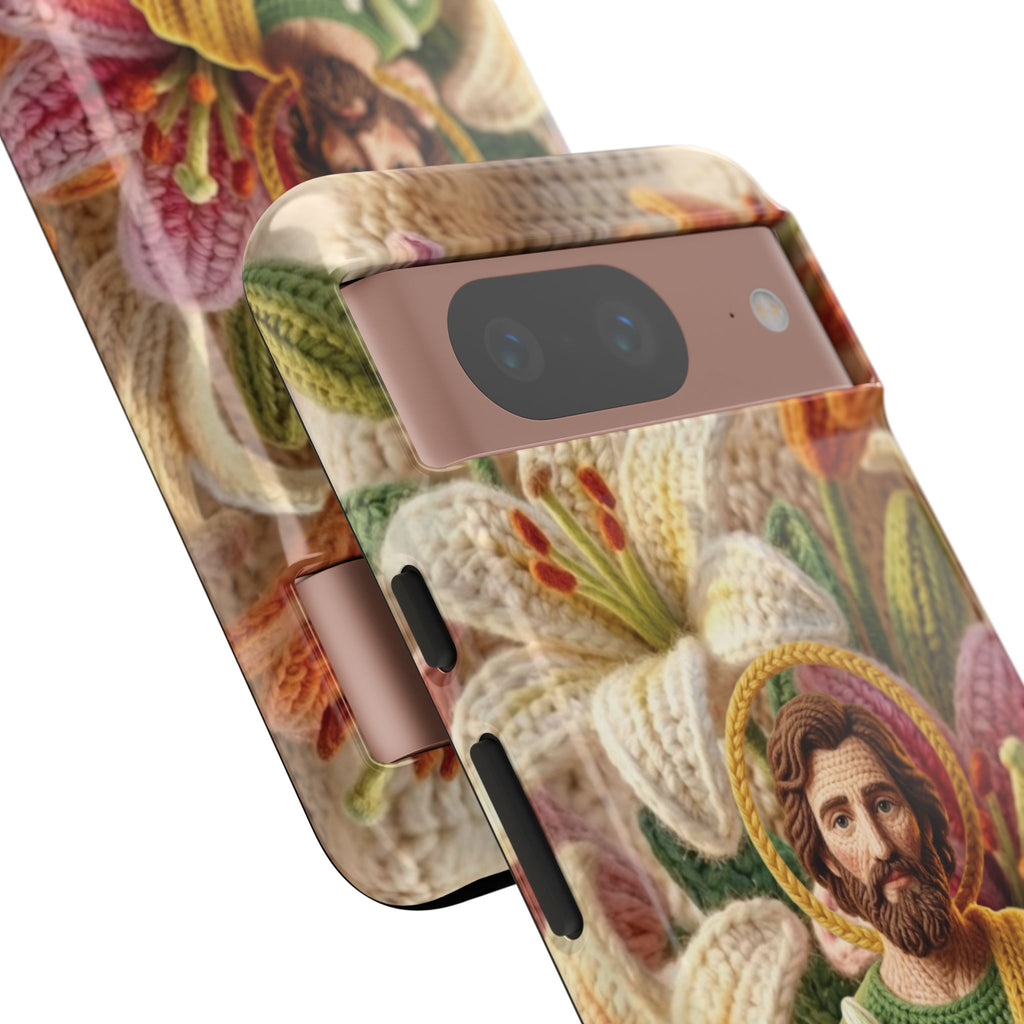 Phone Case Saint Joseph Lilies Design Holy Figure Phone Cover Faith Based Faux Yarn Saint of Workers Gift Samsung iPhone Pixel Models