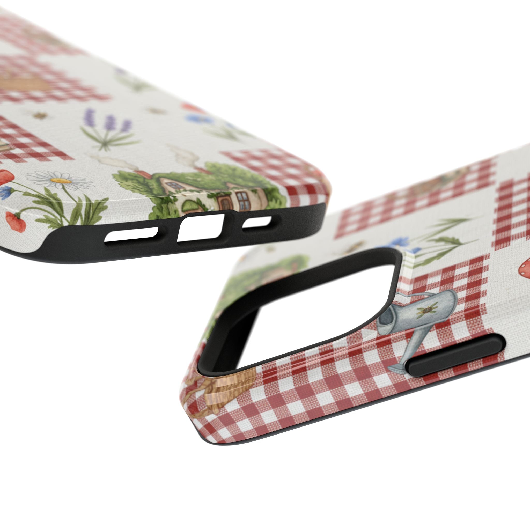 Red Gingham Check Phone Case Rustic Farmhouse Theme Watercolor Countryside Print Whimsical Floral Cell Phone Cover
