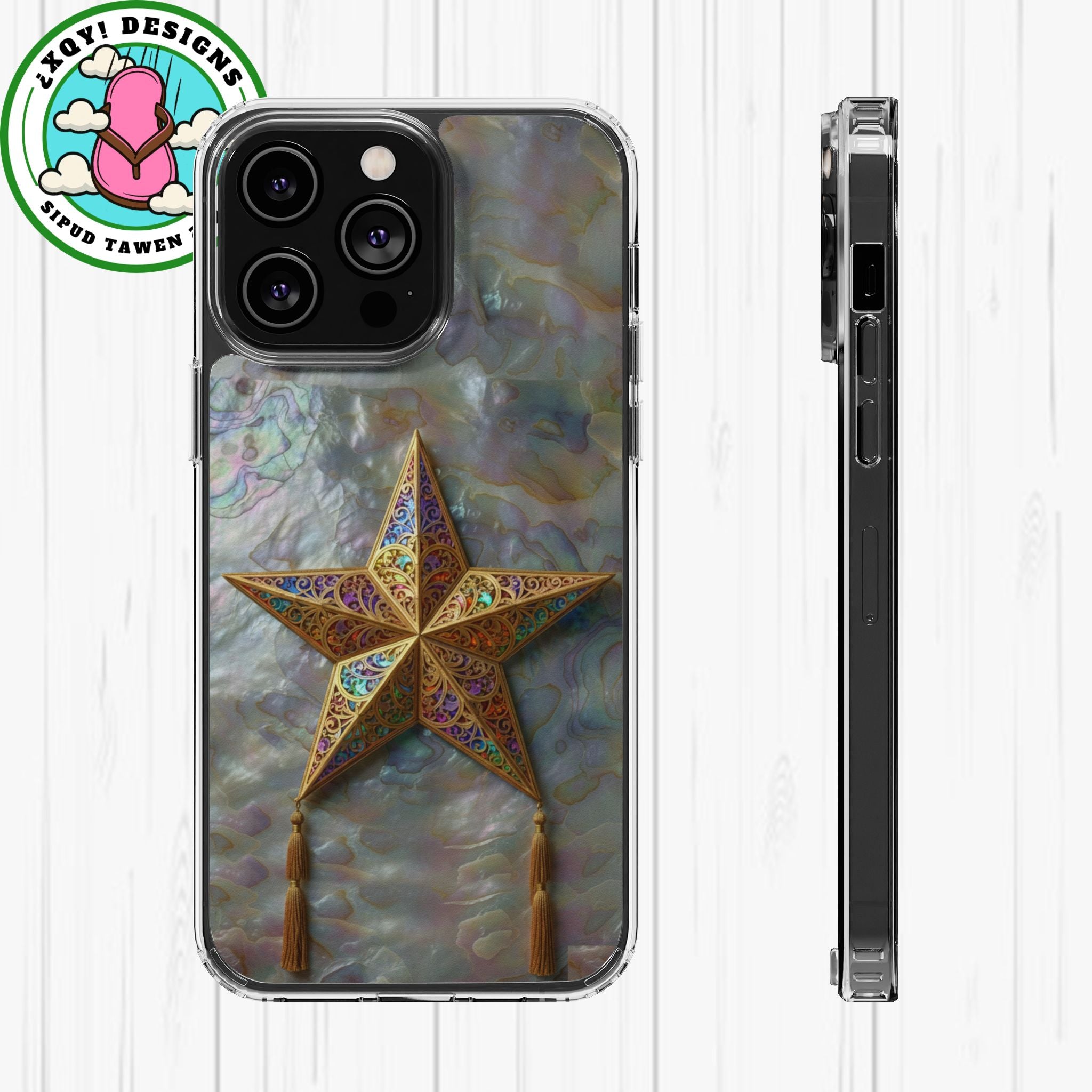 Golden Star Ornament Phone Case Mother of Pearl Background Nacre Texture Festive Celestial Decor Parol Inspired Shimmering Pearl Shell Gift