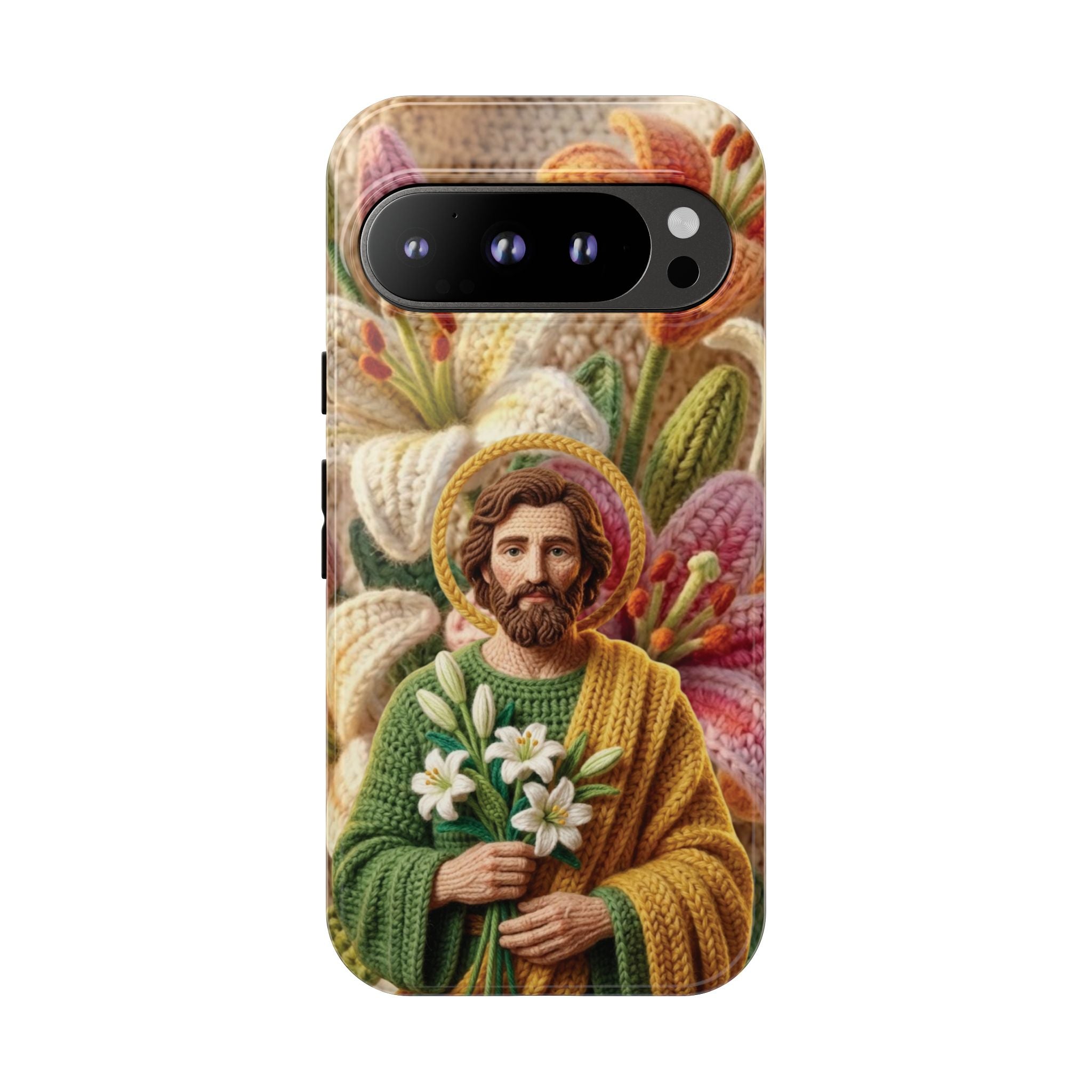 Phone Case Saint Joseph Lilies Design Holy Figure Phone Cover Faith Based Faux Yarn Saint of Workers Gift Samsung iPhone Pixel Models