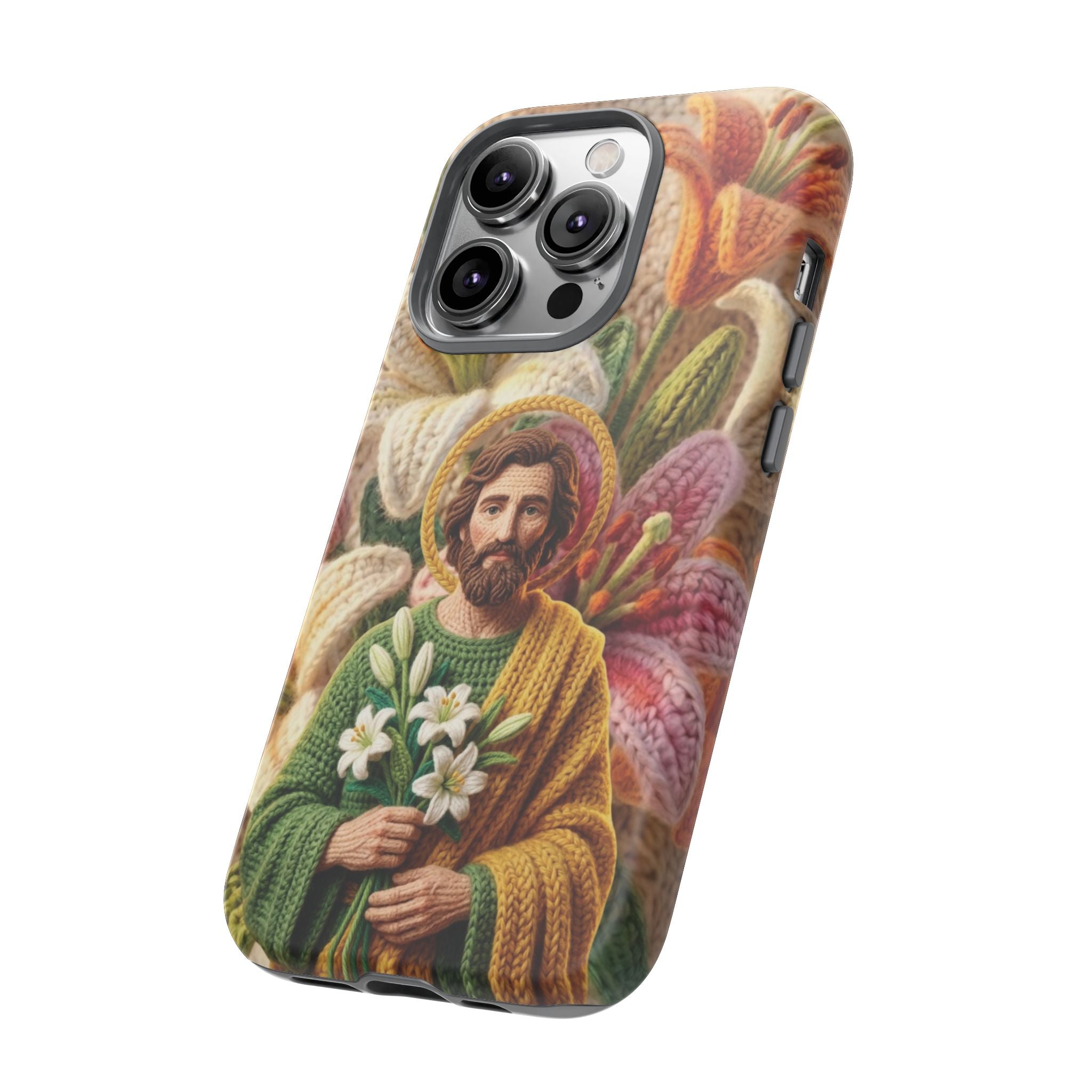Phone Case Saint Joseph Lilies Design Holy Figure Phone Cover Faith Based Faux Yarn Saint of Workers Gift Samsung iPhone Pixel Models