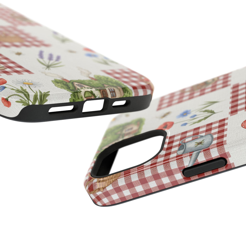 Red Gingham Check Phone Case Rustic Farmhouse Theme Watercolor Countryside Print Whimsical Floral Cell Phone Cover