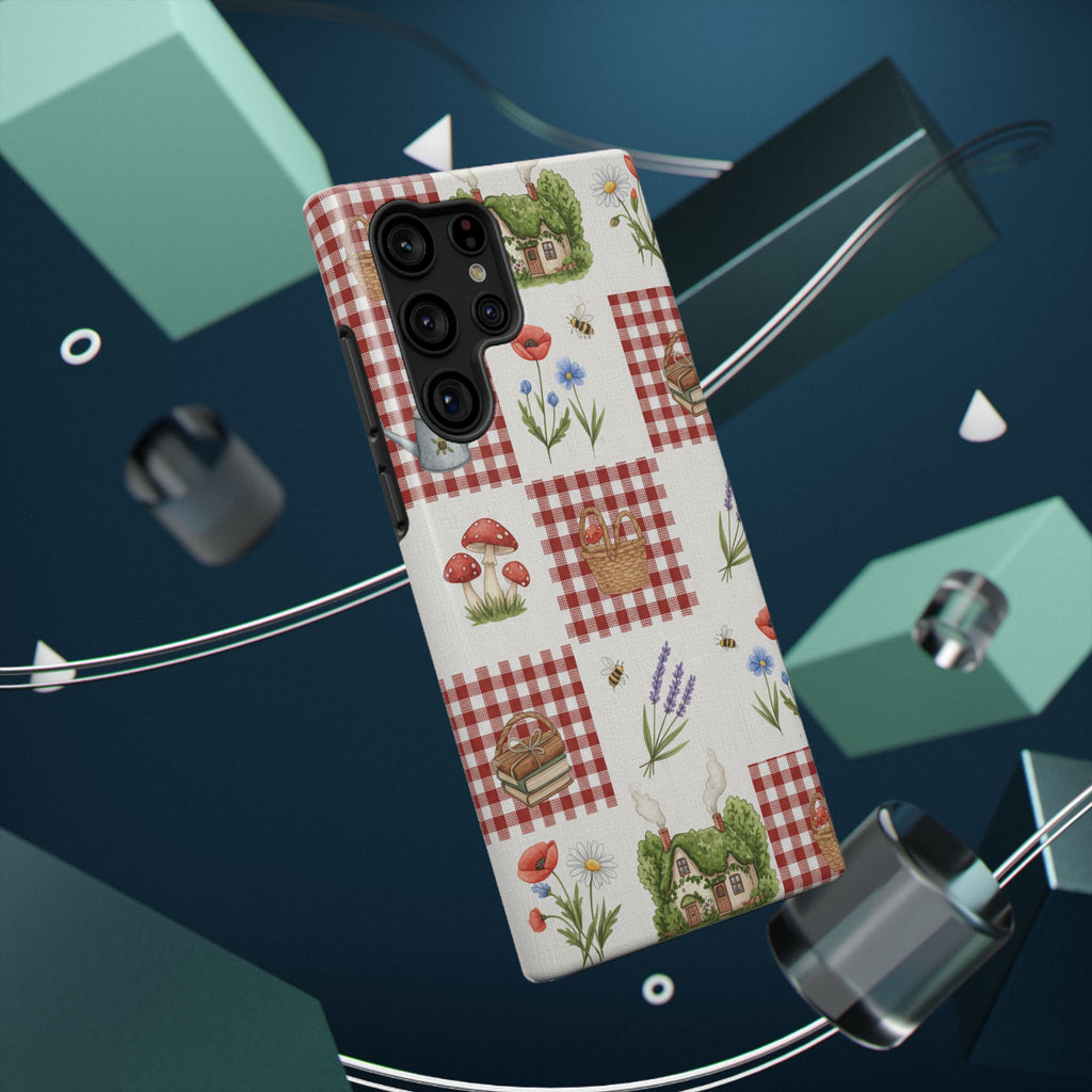 Red Gingham Check Phone Case Rustic Farmhouse Theme Watercolor Countryside Print Whimsical Floral Cell Phone Cover