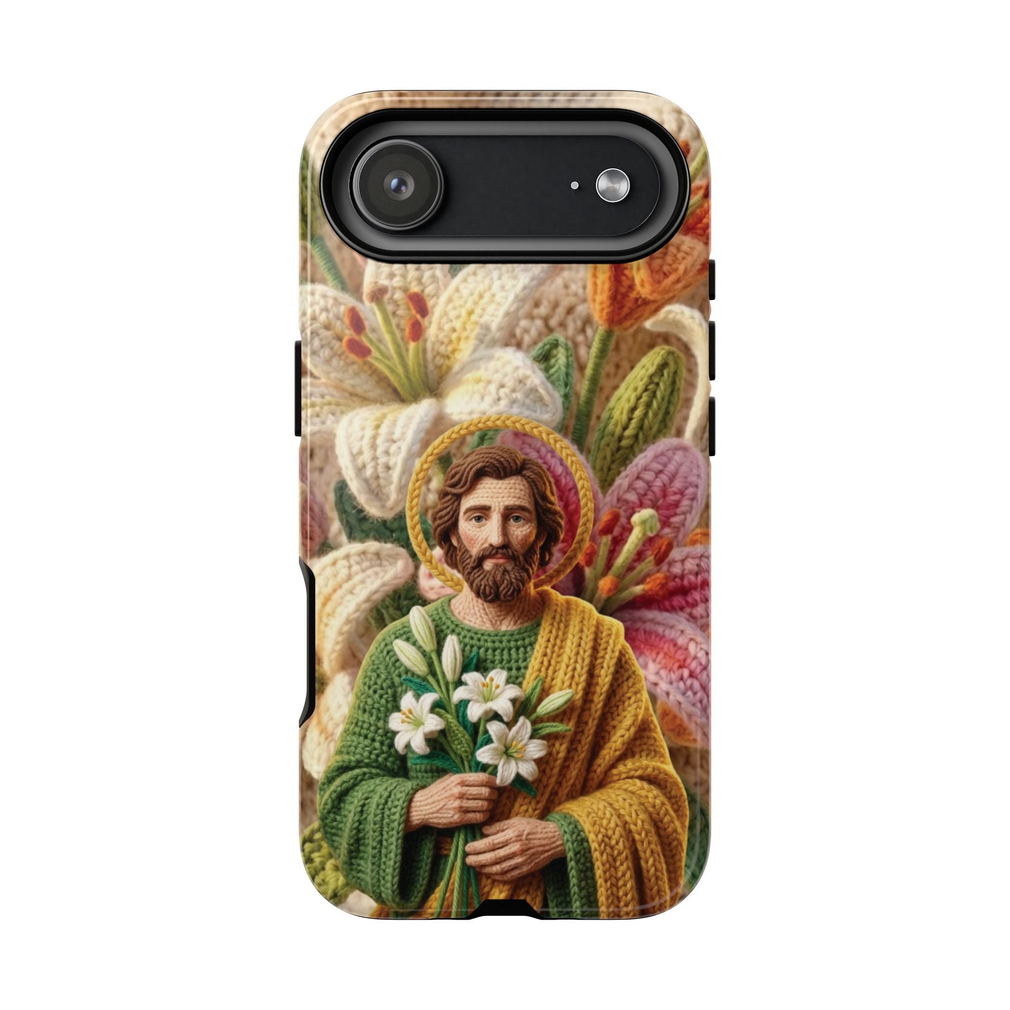 Phone Case Saint Joseph Lilies Design Holy Figure Phone Cover Faith Based Faux Yarn Saint of Workers Gift Samsung iPhone Pixel Models