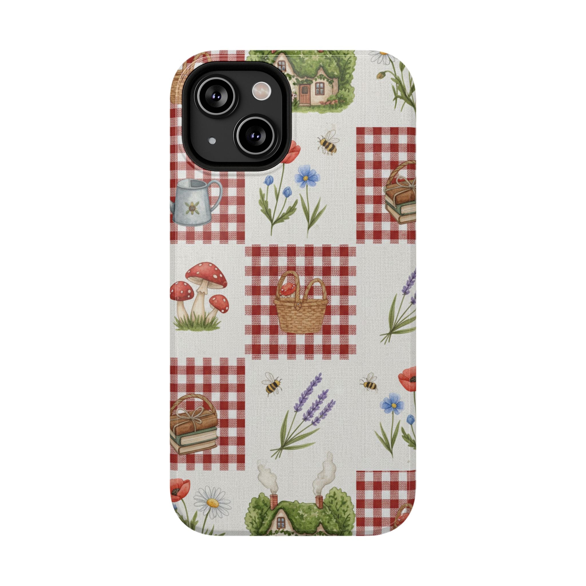 Red Gingham Check Phone Case Rustic Farmhouse Theme Watercolor Countryside Print Whimsical Floral Cell Phone Cover