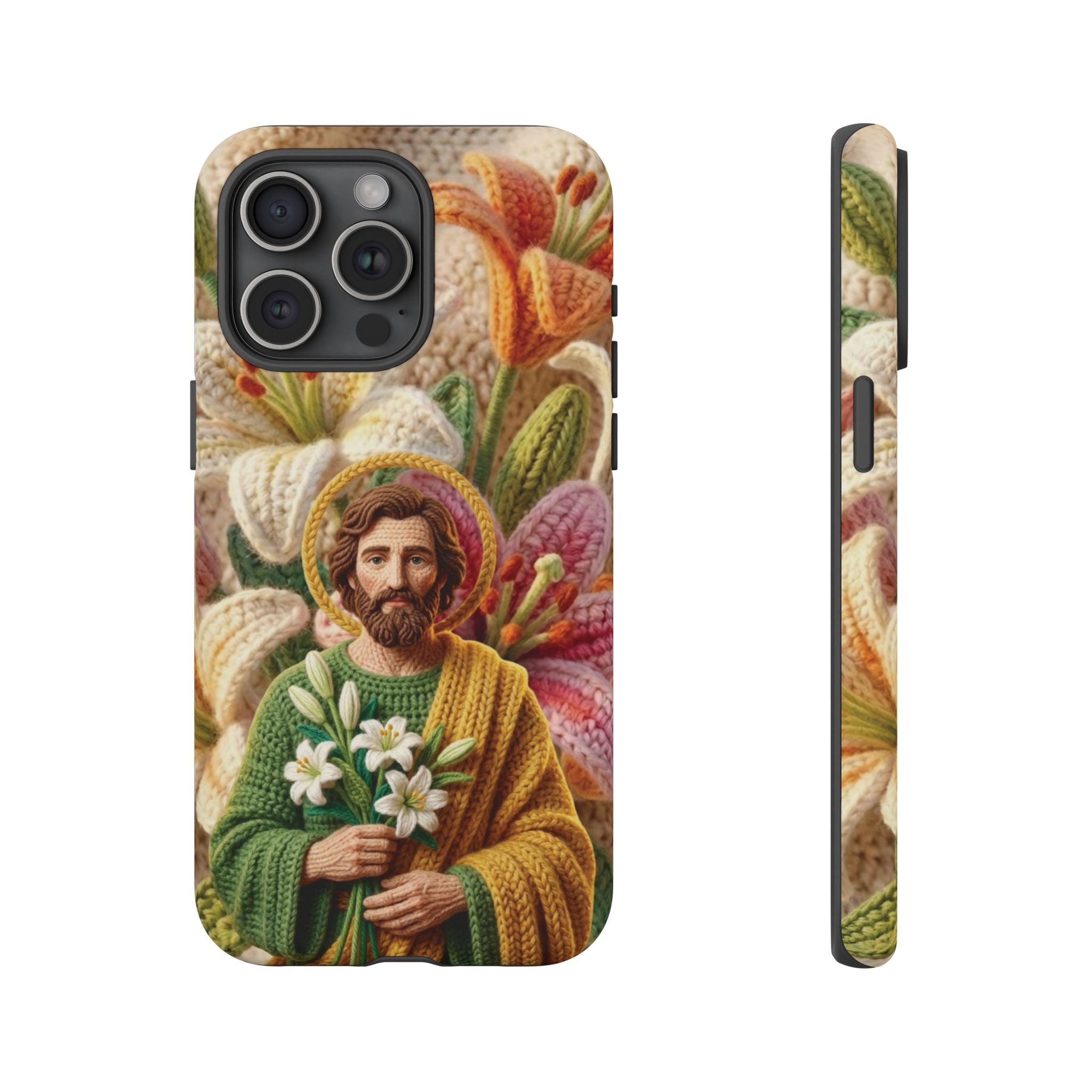 Phone Case Saint Joseph Lilies Design Holy Figure Phone Cover Faith Based Faux Yarn Saint of Workers Gift Samsung iPhone Pixel Models