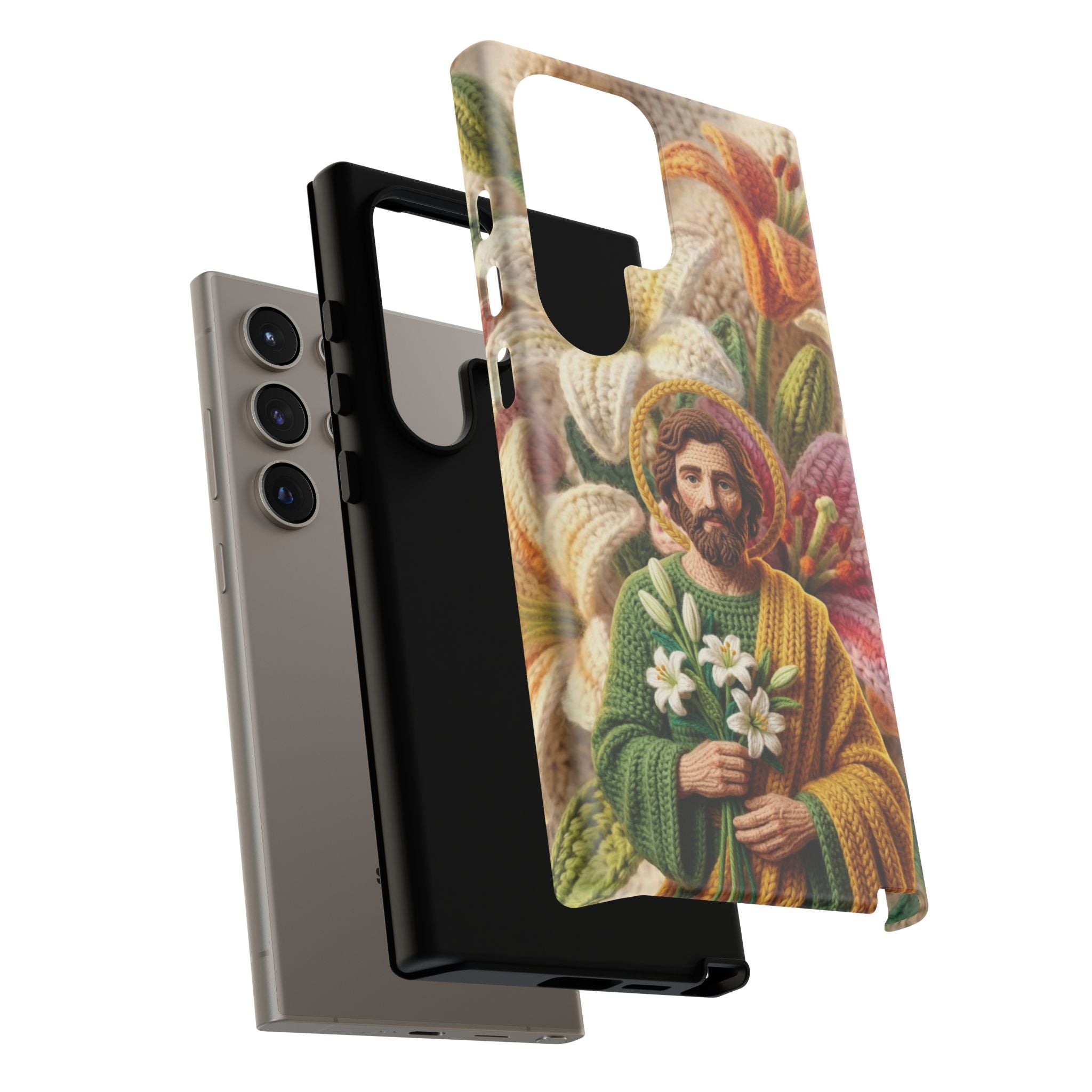 Phone Case Saint Joseph Lilies Design Holy Figure Phone Cover Faith Based Faux Yarn Saint of Workers Gift Samsung iPhone Pixel Models