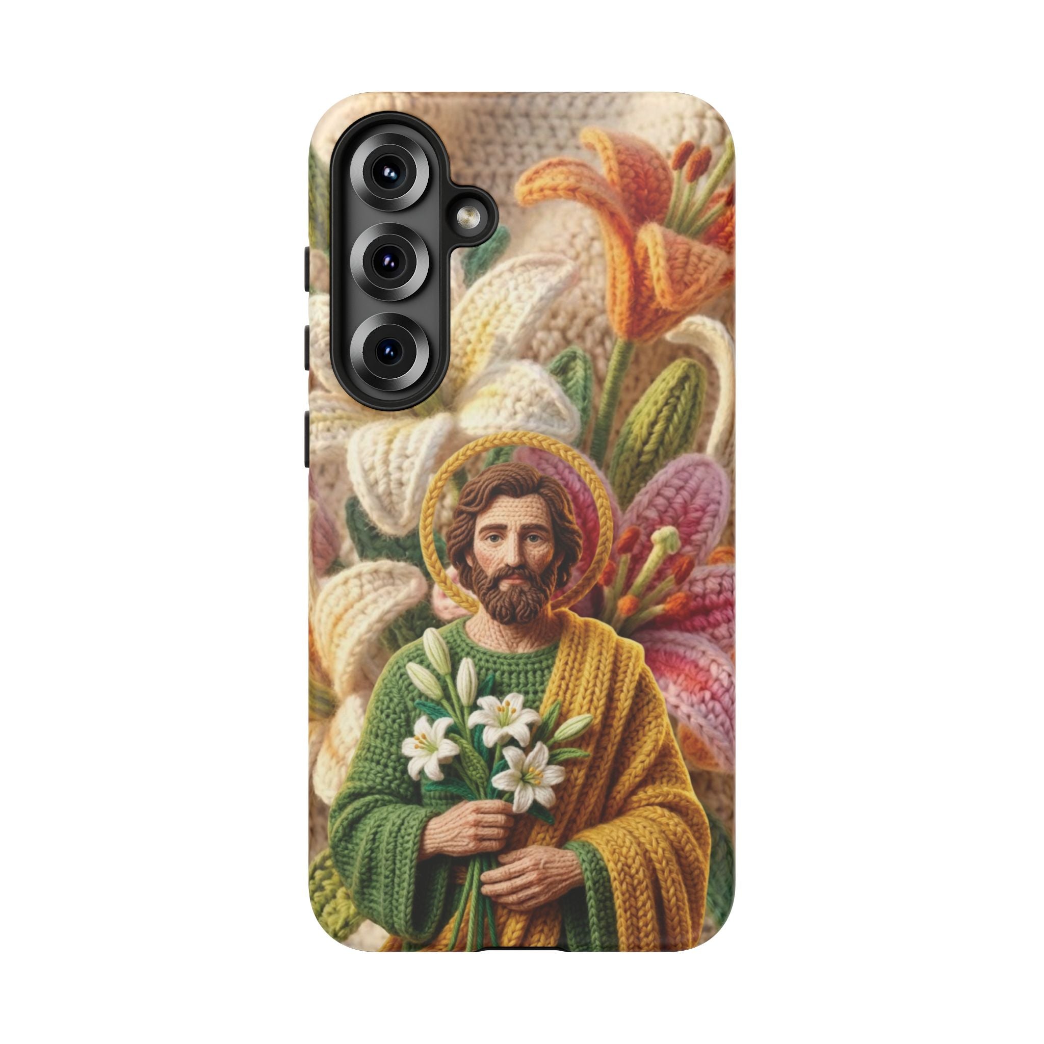Phone Case Saint Joseph Lilies Design Holy Figure Phone Cover Faith Based Faux Yarn Saint of Workers Gift Samsung iPhone Pixel Models