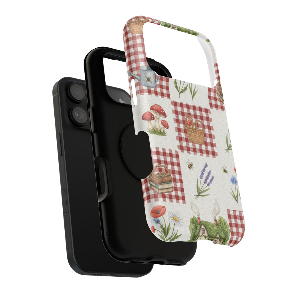 Red Gingham Check Phone Case Rustic Farmhouse Theme Watercolor Countryside Print Whimsical Floral Cell Phone Cover