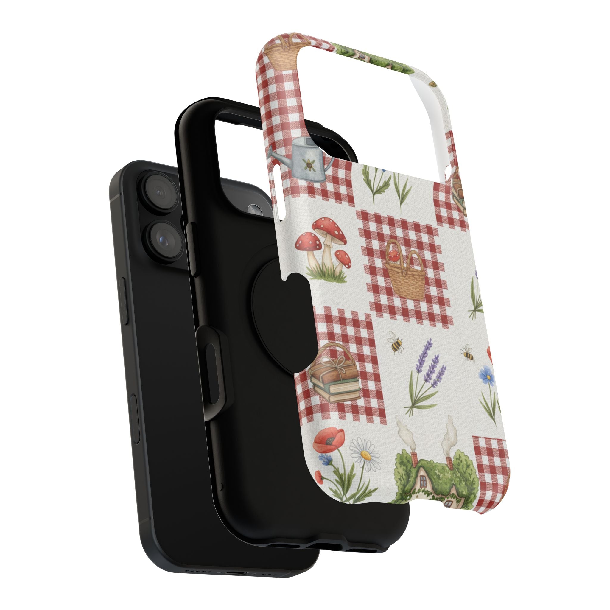 Red Gingham Check Phone Case Rustic Farmhouse Theme Watercolor Countryside Print Whimsical Floral Cell Phone Cover