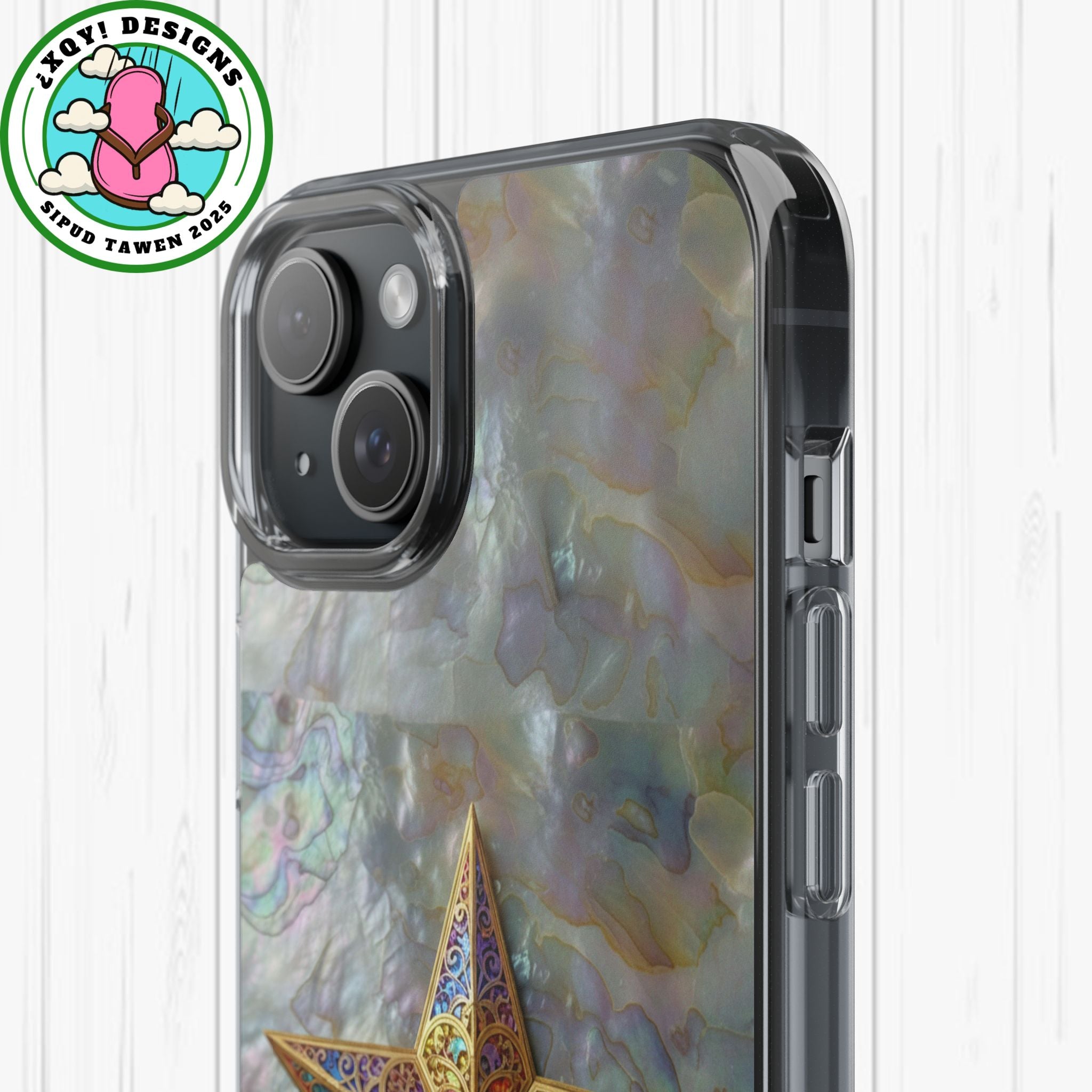 Golden Star Ornament Phone Case Mother of Pearl Background Nacre Texture Festive Celestial Decor Parol Inspired Shimmering Pearl Shell Gift