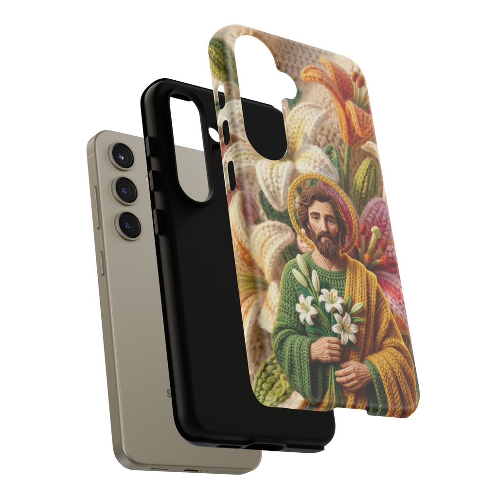 Phone Case Saint Joseph Lilies Design Holy Figure Phone Cover Faith Based Faux Yarn Saint of Workers Gift Samsung iPhone Pixel Models