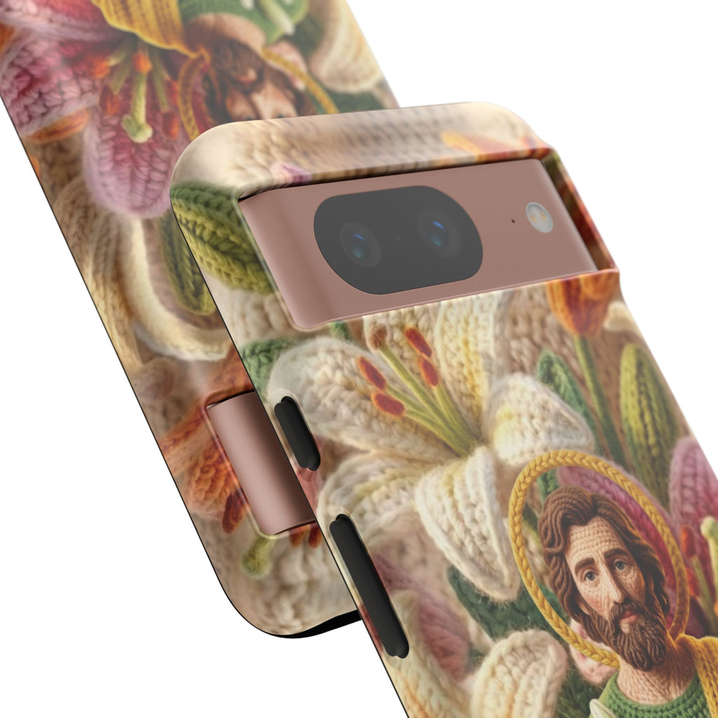 Phone Case Saint Joseph Lilies Design Holy Figure Phone Cover Faith Based Faux Yarn Saint of Workers Gift Samsung iPhone Pixel Models