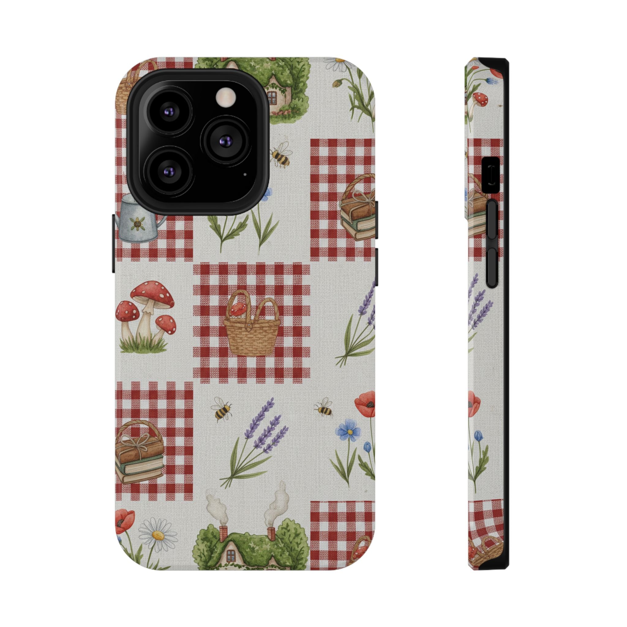 Red Gingham Check Phone Case Rustic Farmhouse Theme Watercolor Countryside Print Whimsical Floral Cell Phone Cover