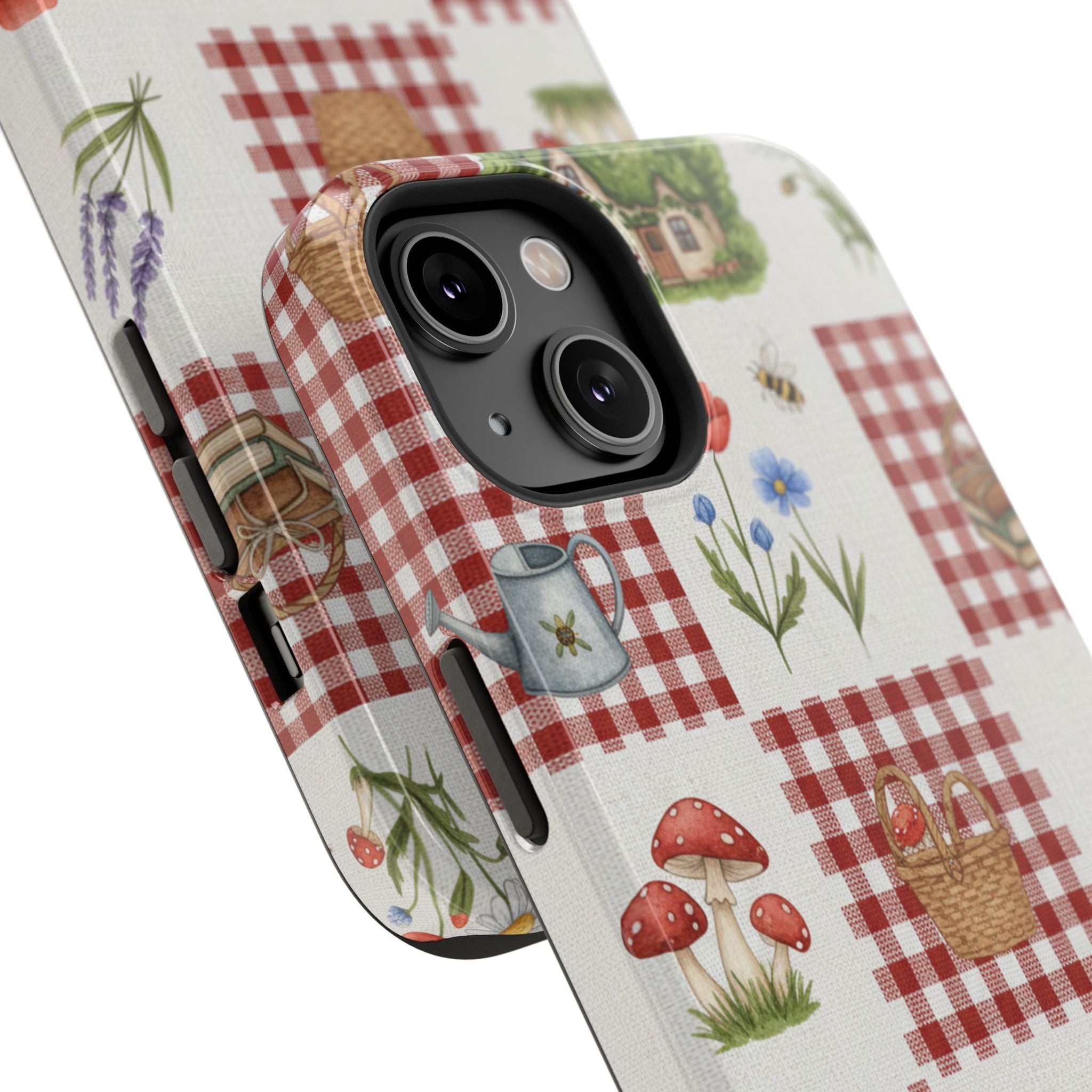 Red Gingham Check Phone Case Rustic Farmhouse Theme Watercolor Countryside Print Whimsical Floral Cell Phone Cover